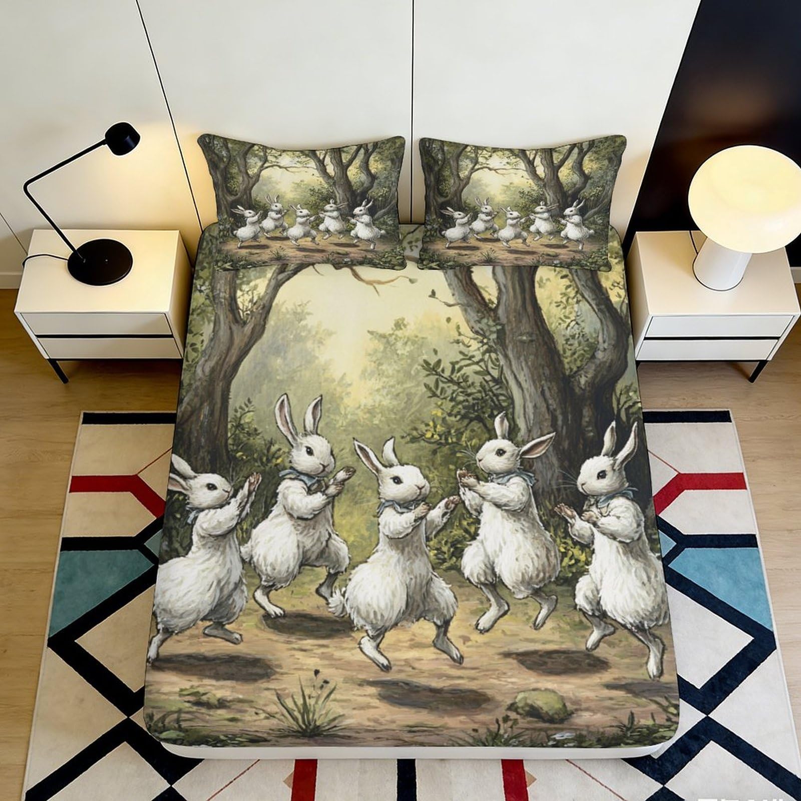 3D Printed Dancing Rabbits Fitted Sheet Microfiber Soft Breathable Forest Scene Bed Cover for Bedroom Dormitory Guest Room Mattress Protection Decor 120x200x25cm