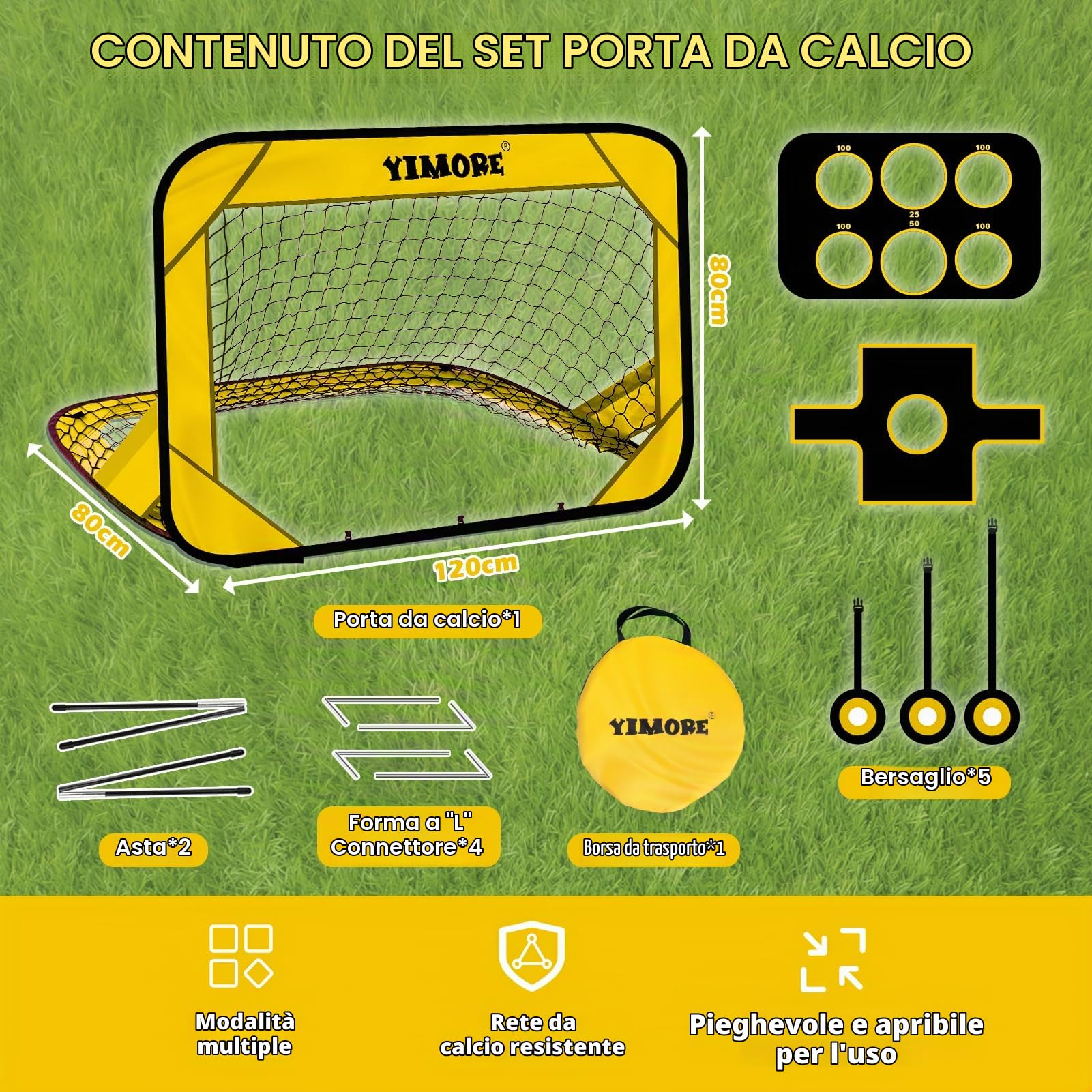 Yimore Porte da Calcio per Bambini, 4 Modalità Pop-up Porta da Calcio da Giardino, Pieghevole con Borsa per Trasporto, 120 x 80 x 80 cm, Regalo per Bambini