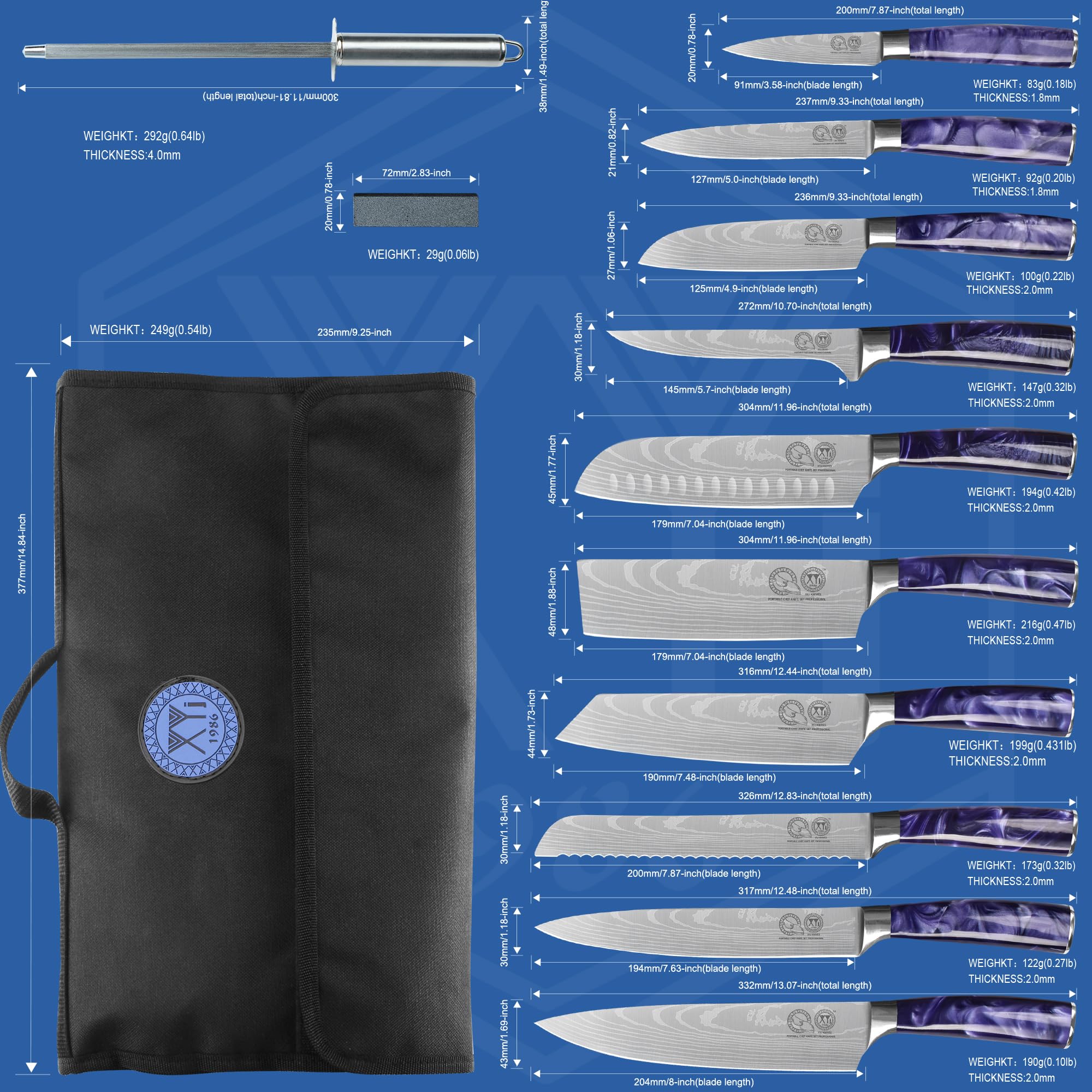 XYJ Autentico Dal 1986, Coltelli Chef Giapponesi da 10 pezzi Set con Affiliatore Rod Rolling Bag & Fodera, Coltelli Cucina In Acciaio Inox, Paring Santoku Taglio Coltelli Strumenti