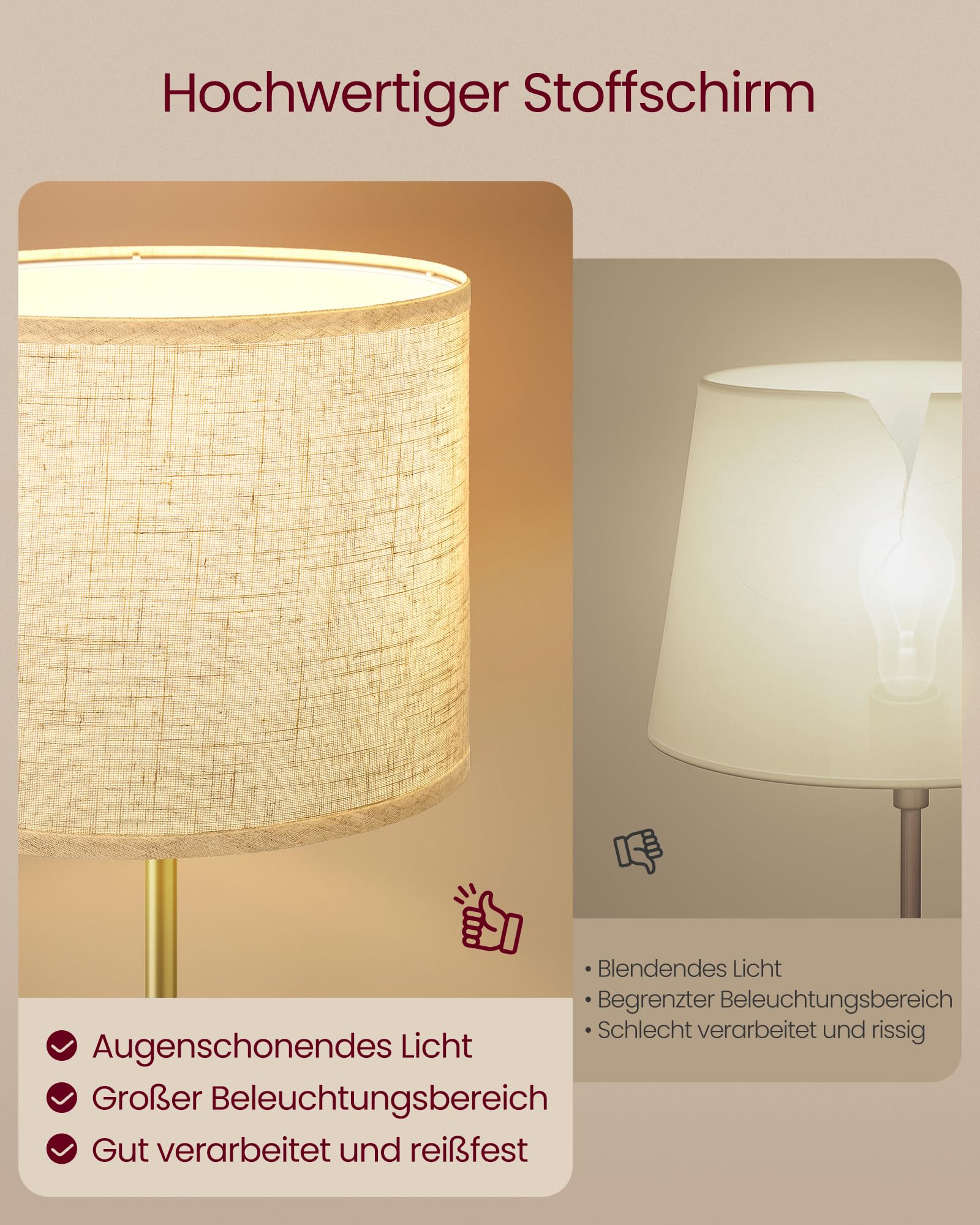 VASAGLE Stehleuchte, Standleuchte, Stehlampe, höhenverstellbare Leselampe, 140-170 cm hoch, modern, mit Fußtaster, Lampenschirm aus Stoff, E27 Fassung, gold-schwarz LFL002B02