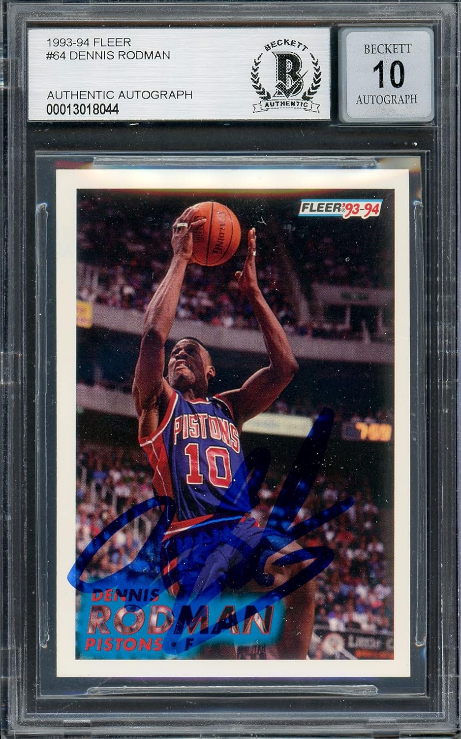 Dennis Rodman Autographed 1993-94 Fleer Basketball Card #64 Auto Grade Gem Mint 10 Blue Sharpie Beckett BAS Stock #194599