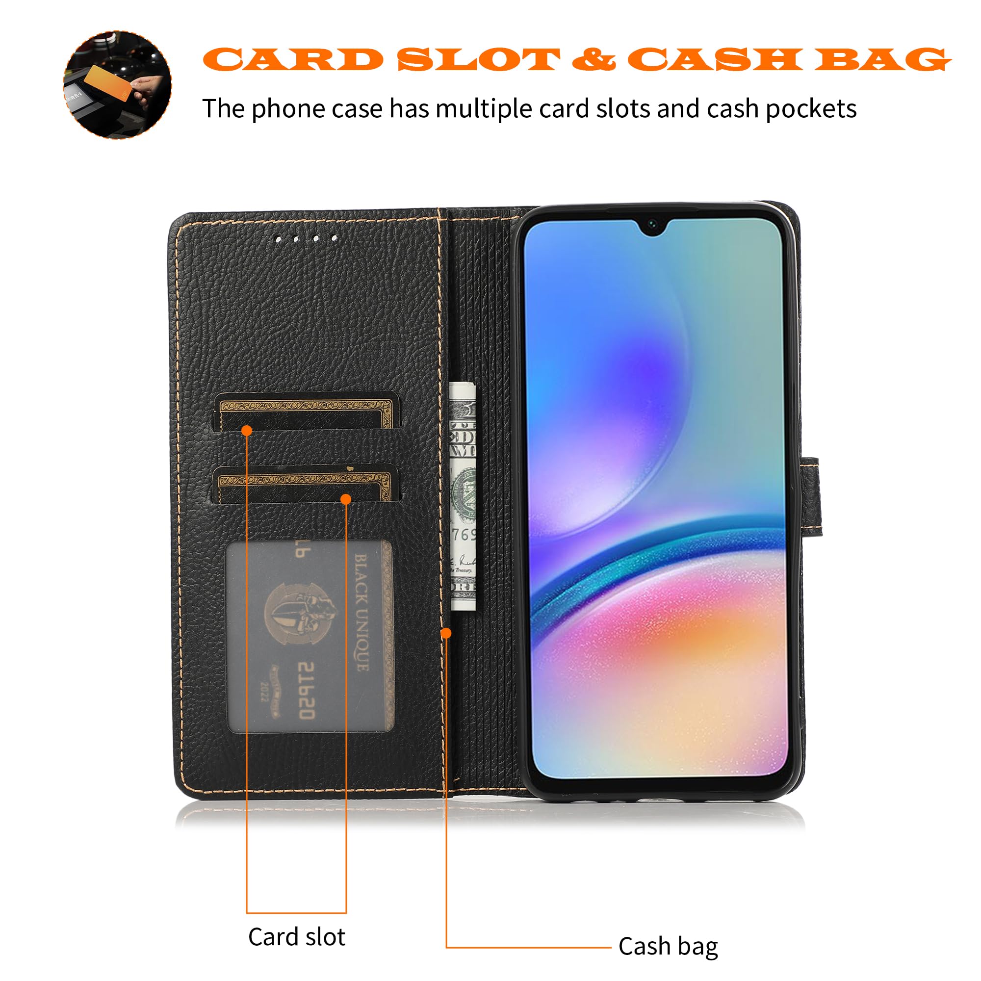 SMYTU Cover a Libro per Samsung Galaxy A05s 4G (6.7") + Vetro Temperato,Custodia Samsung Galaxy A05s 4G,Custodia Flip in Pelle Magnetica Portafoglio Per Samsung Galaxy A05s 4G - Nero