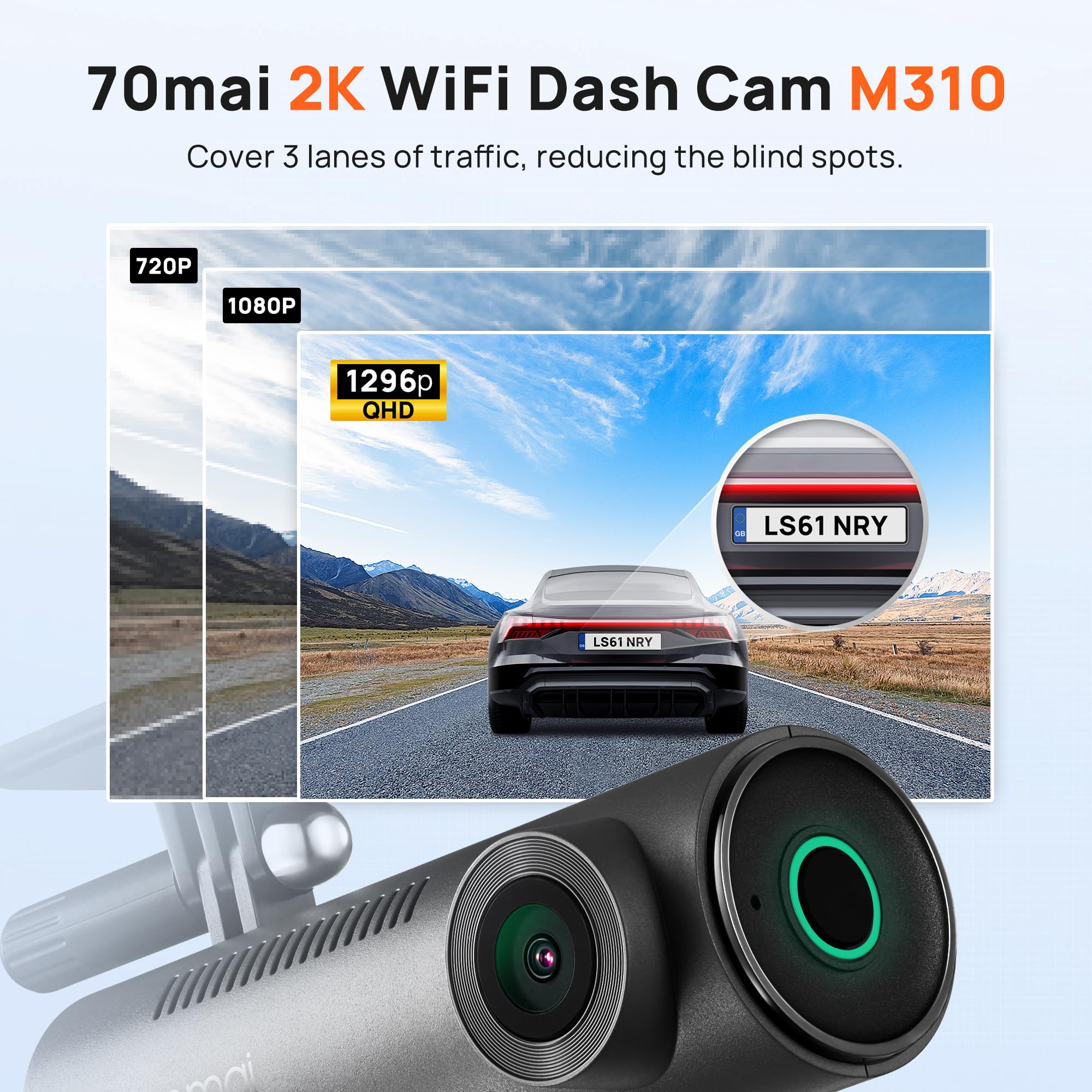 70mai Dash CAM M310 Plus 3K, 1620P Dashcam Auto, WiFi, Visión Nocturna, Detección de Movimiento, Grabación Time-Lapse, WDR, Grabación en Bucle, Modo Aparcamiento, WiFi, App, MAX 256 GB