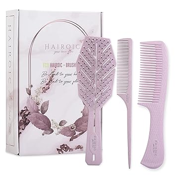 HAIROIC Hair Detangling Brush Set, 3 Piece Brush Set Biodegradable Detangler Hairbrush with Flexible Soft Bristles, Wide Tooth Comb and Rat Tail Comb for Wet, Dry, and Curly Hair