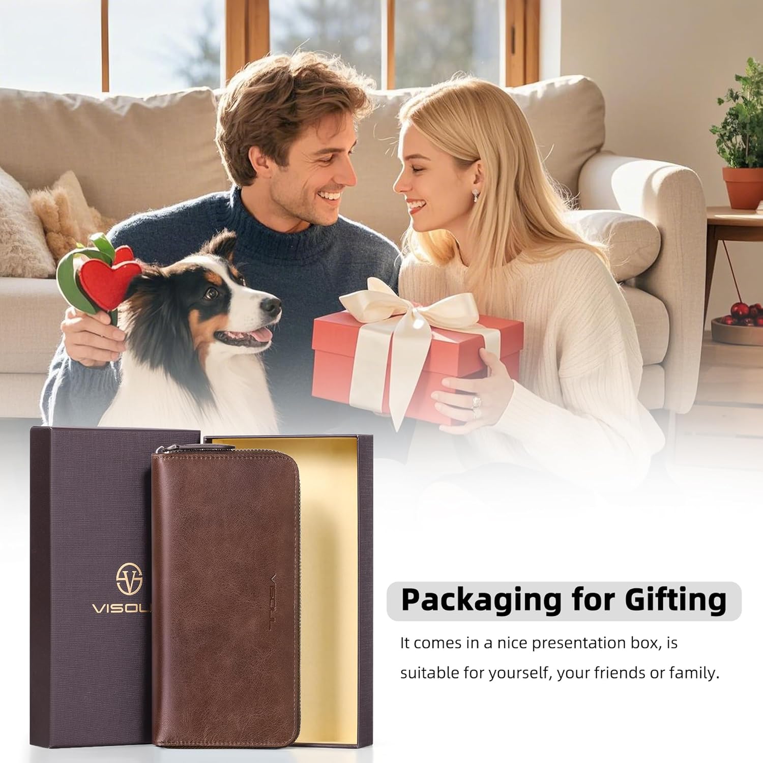 VISOUL Leather Long Zipper Pouch Wallet for Men and Women with RFID Blocking, Large Clutch Cash Long Wallet with Zipper (Brown) - Image 6