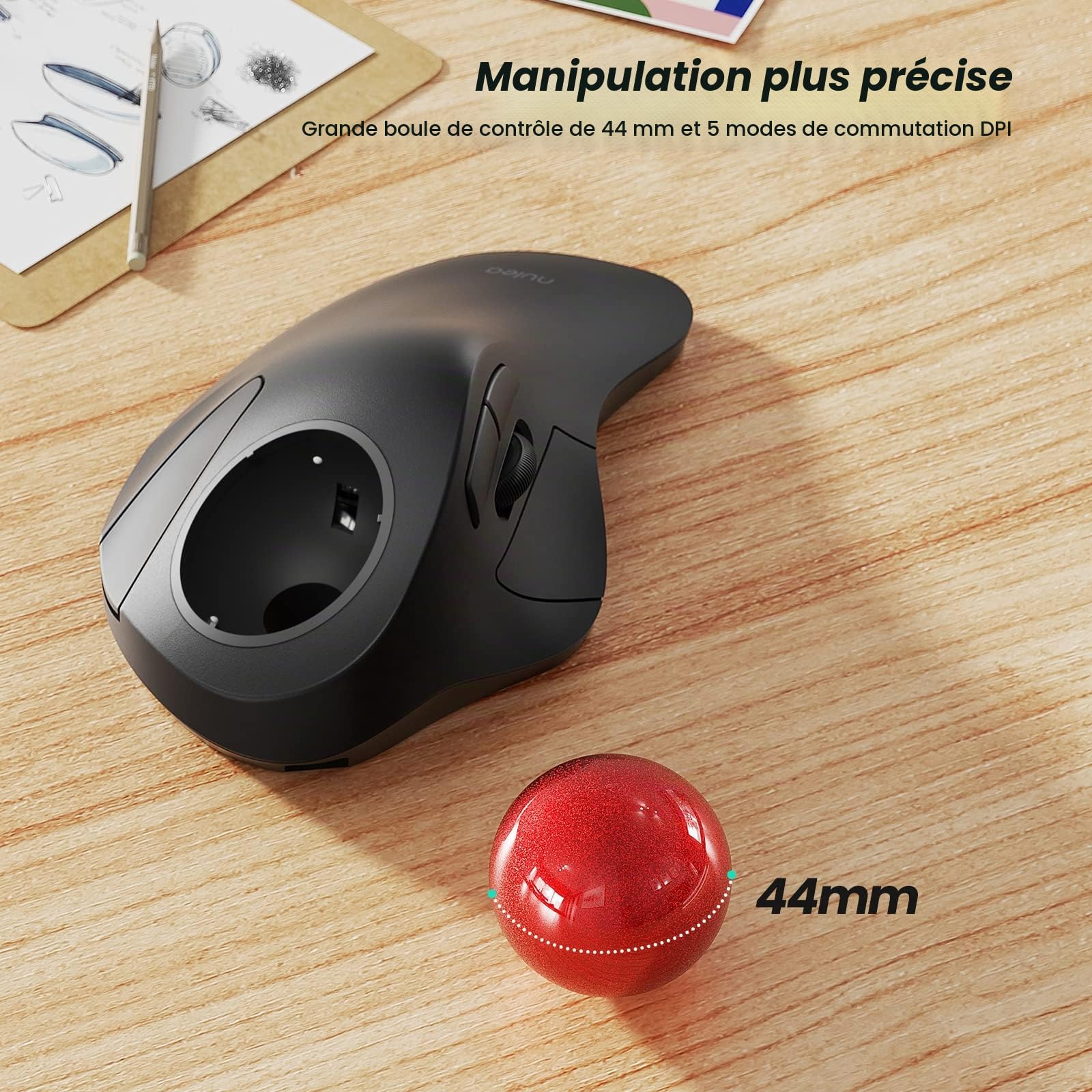 Nulea Souris Trackball sans Fil, Design Ergonomique Rechargeable, contrôle de l'index avec 5 DPI réglables, Connexion à 3 appareils (Bluetooth ou USB)