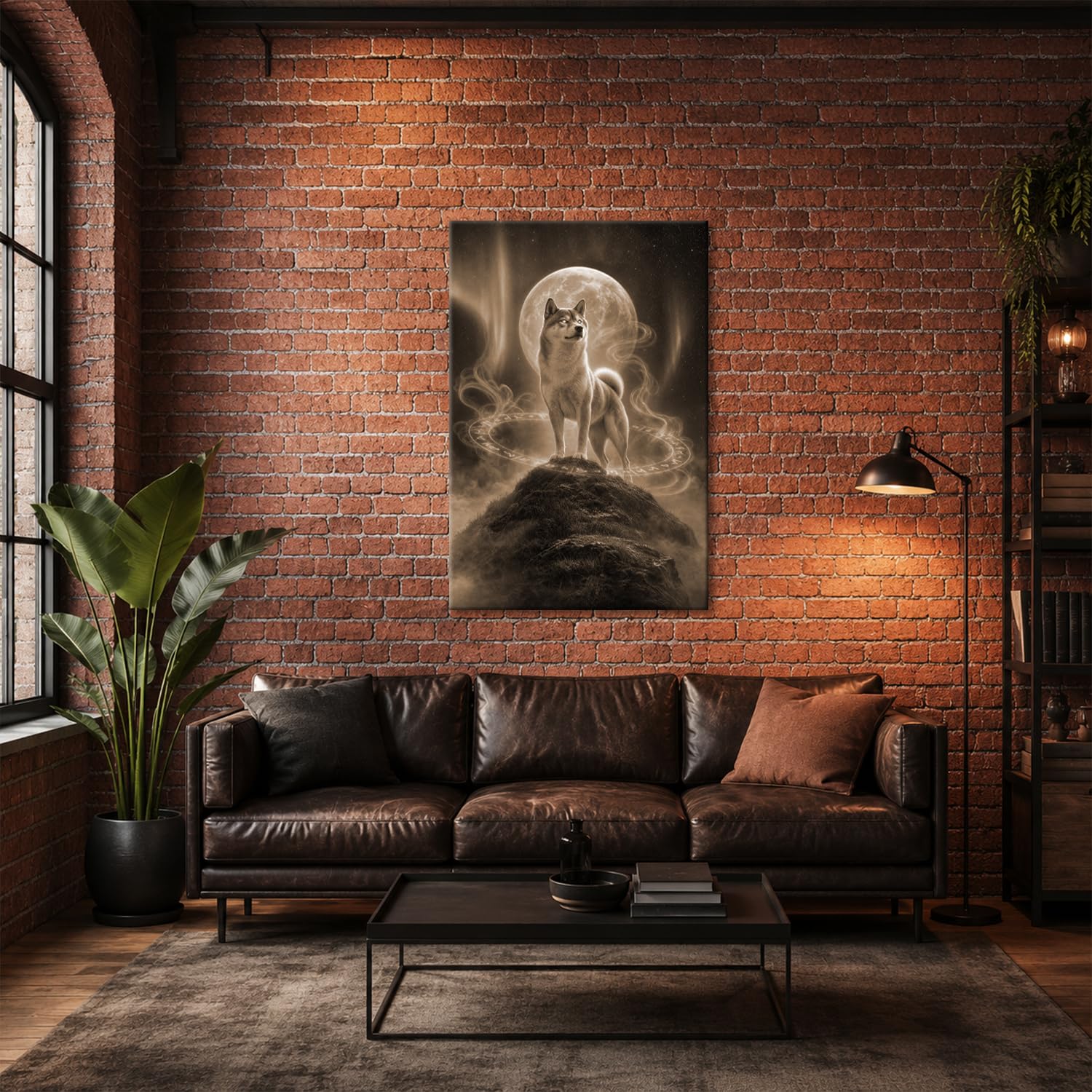 deyoli Obraz na płótnie Shiba Inu ze świecącymi oczami przed księżycem 80 x 60 cm Sepia
