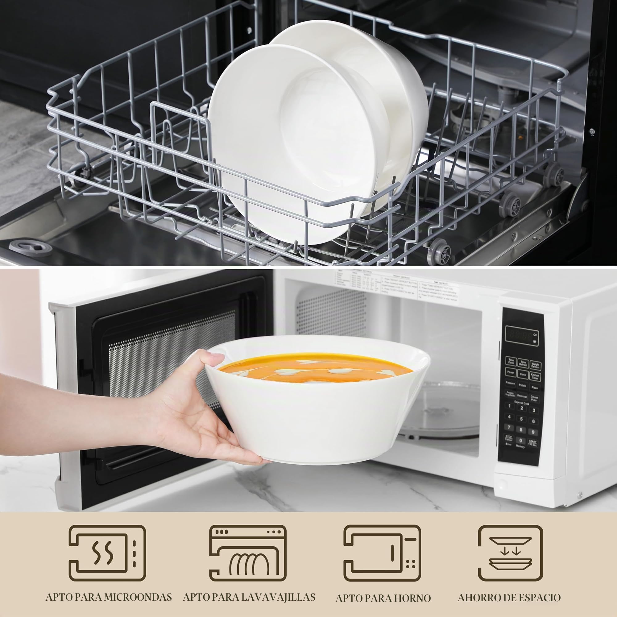 MALACASA Ensaladera de 3.1 L, Juego de 2 Cuencos Grandes de Porcelana para Frutas, Cuencos de Servicio para Ensalada, Fruta, Sopa, Ramen y Cereales, Blanco, Serie Regular