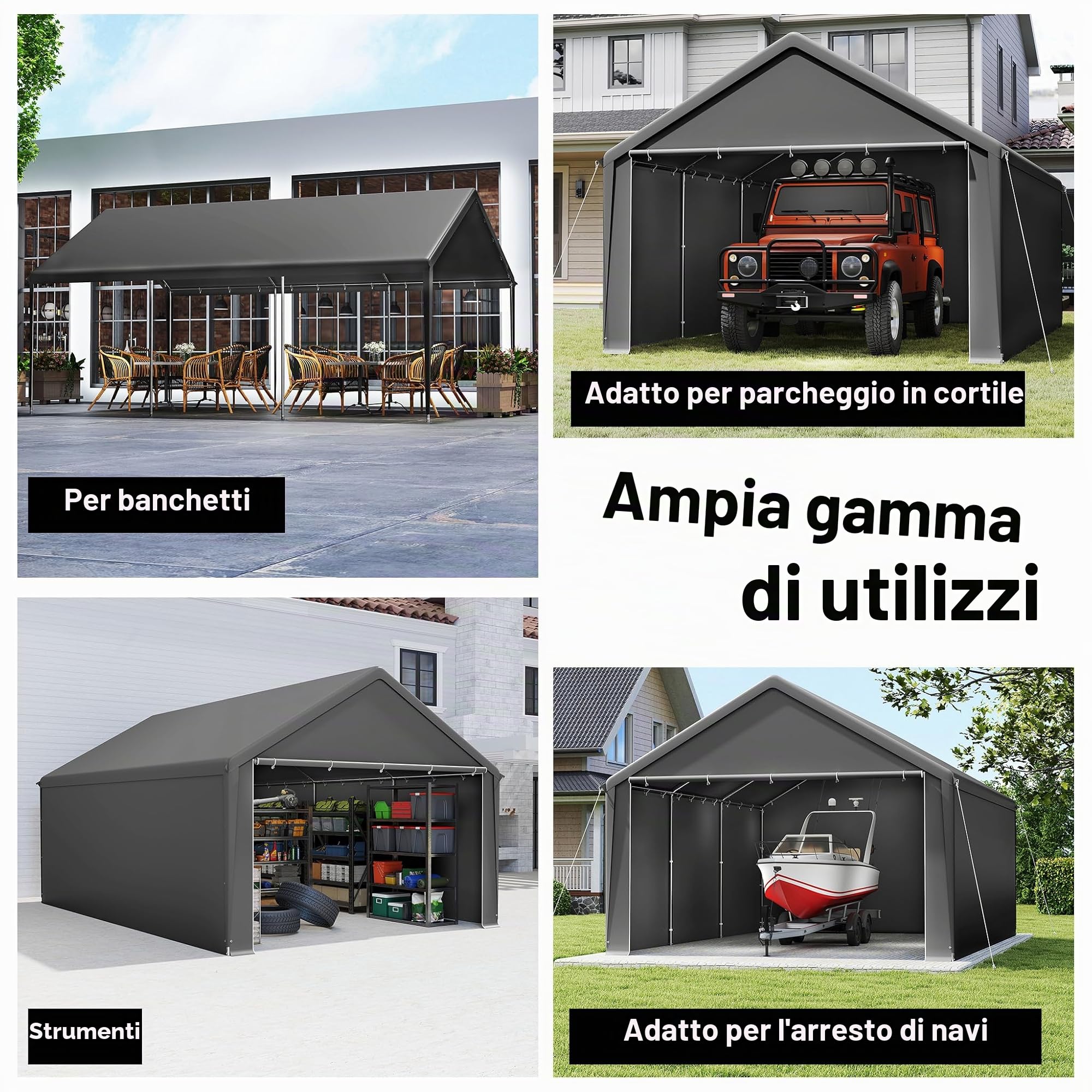 UISEBRT Tenda da magazzino, 4 x 6 m, impermeabile, con robusto telone in PE e telaio in acciaio, ideale come garage per attrezzi, attrezzi da giardino, pallet (grigio)