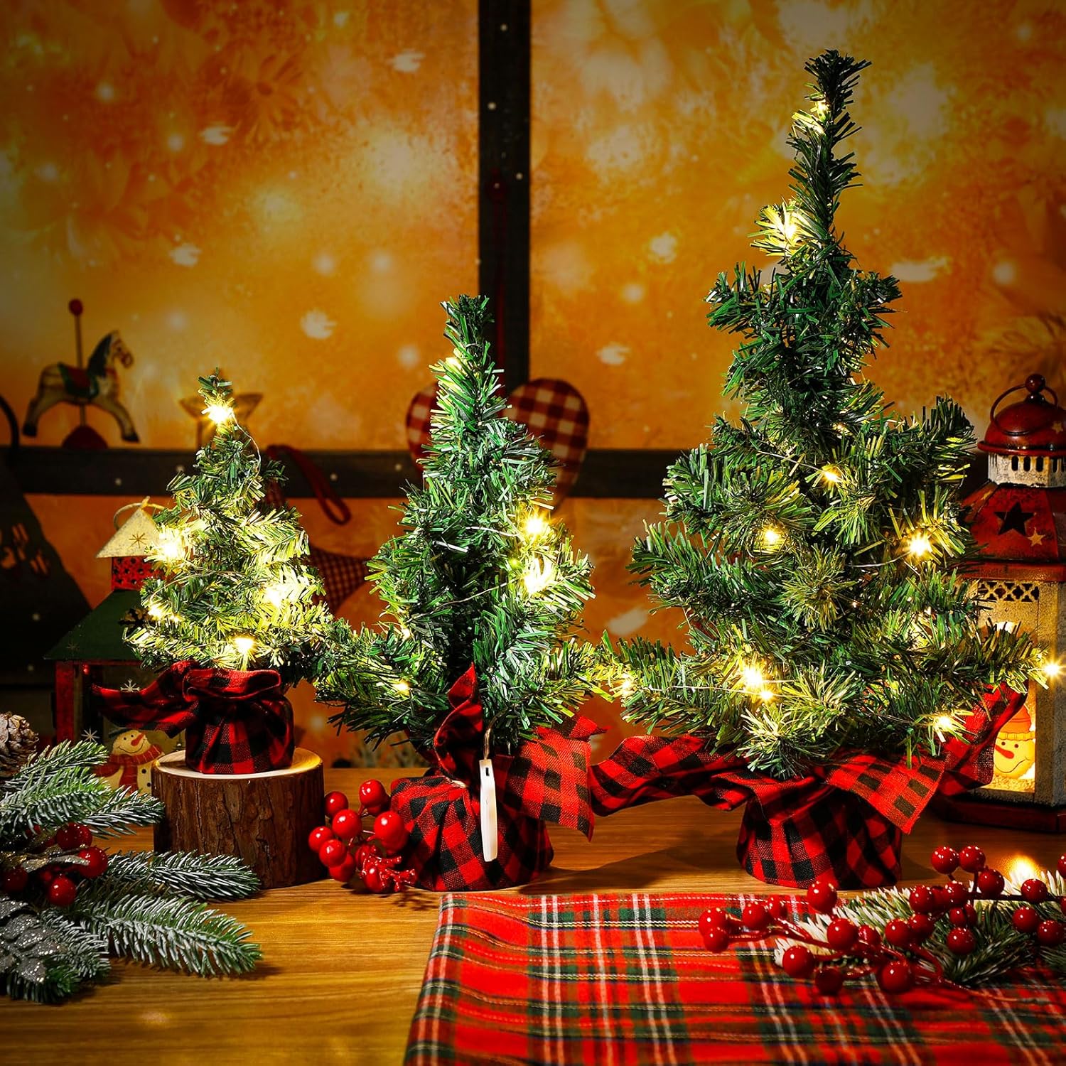 Yinder 6 Pack Tabletop Mini Christmas Tree with 6 Pcs String Lights, 8" /12" /15.75" Artificial Pine Tree with Buffalo Plaid Base Small Lighted Pinecone Decoration for Entry Door Indoor