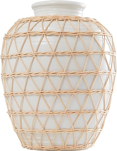 Miniatura 4 de Deco 79 Jarrón de cerámica hecho a mano con exterior de ratán tejido, 11 x 11 x 14 pulgadas, blanco