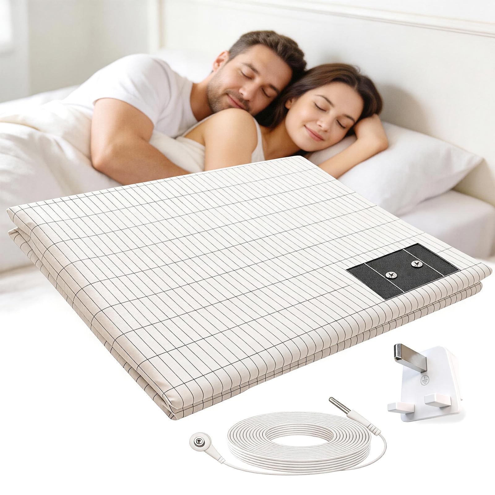 Grounding Bed Sheet Earthing UK - Grounding Sheets 10% Silver Fiber 90% Organic Cotton for Better Sleep & Stress Relief, Natural Wellness Earthing Sheet with UK Plug & Cord