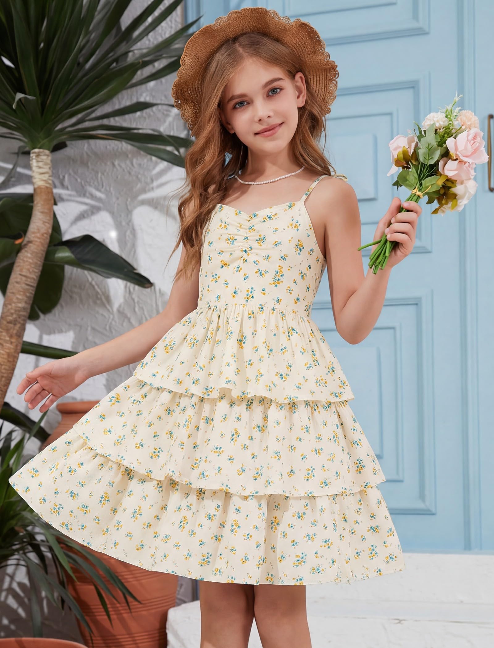 HOZIY Girls Summer Dress Teen Spaghetti Strap Ruched Sweetheart Short Dresses Kids Junior Ruffle Tiered Sundresses 7-16 Years - 4