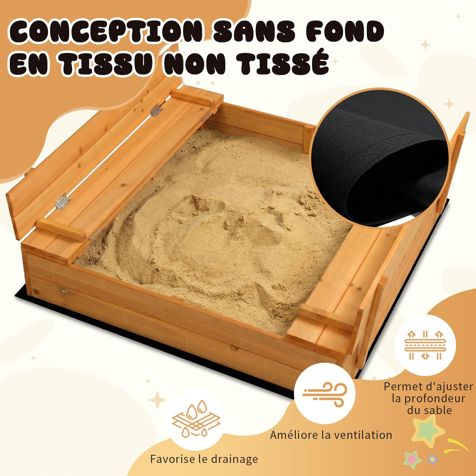 LEADZM Bac à Sable en Bois pour Enfants avec Banc et Couvercle, 110 x 110 x 21 cm, Grand Bac à Sable Extérieur pour Jardin, Plage, Parc, Cadeau pour Garçons et Filles de 3 à 12 Ans