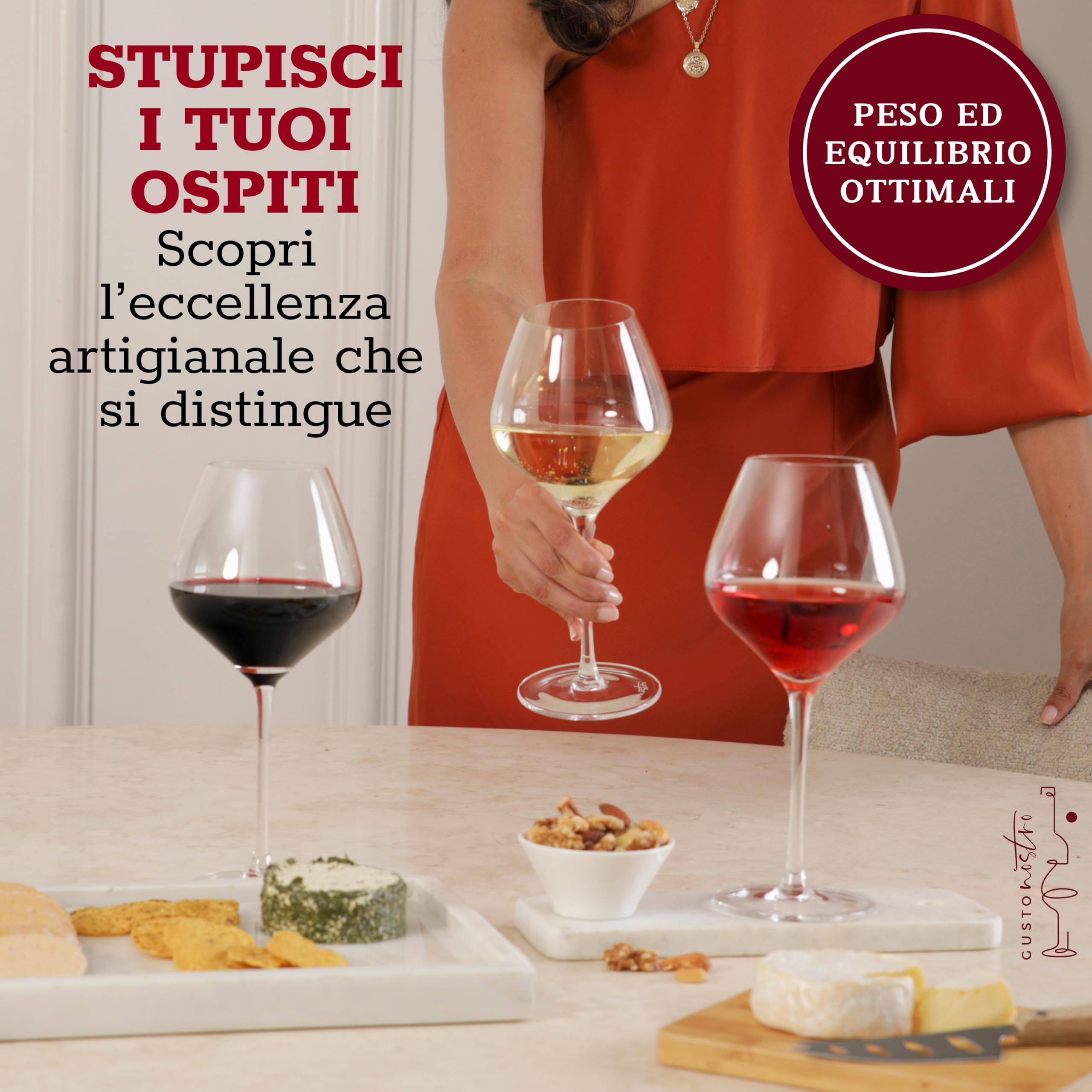 Gusto Nostro Set di 4 Calici Vino in Cristallo, 650 ml - Bicchieri Vino Rosso e Bianco a Stelo Lungo Moderni, Lavabili in Lavastoviglie, Eleganti e Raffinati - Per Matrimoni, Cene, Feste