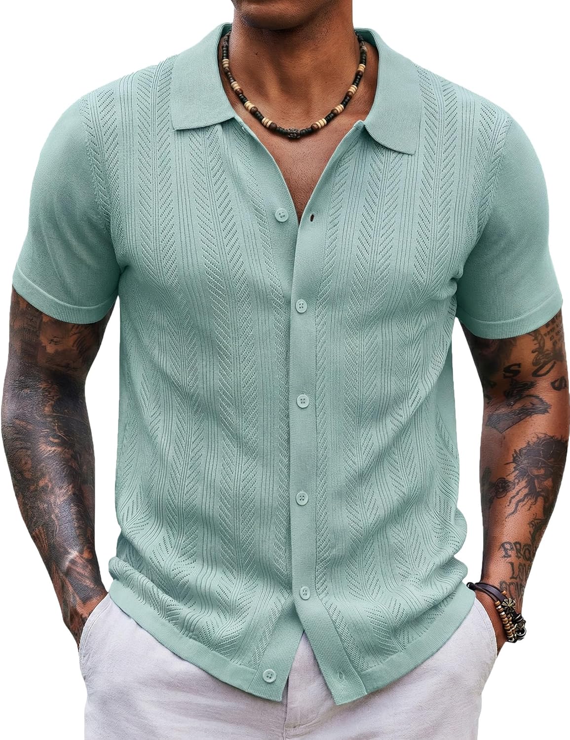 COOFANDY Men's Knit Shirt Short Sleeve Button Down Shirts Vintage Casual Summer Beach Shirts