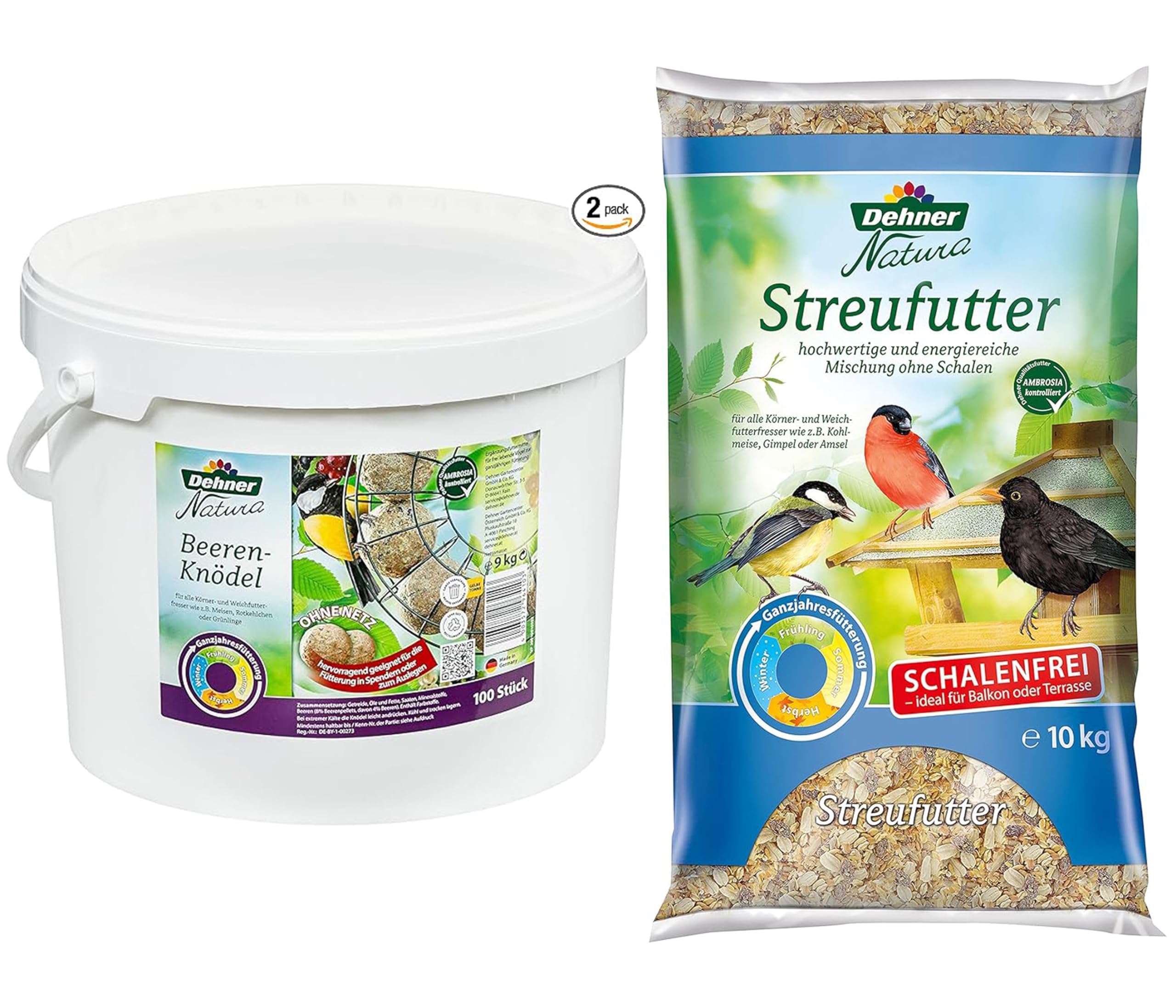 Dehner Natura Wildvogelfutter, Beeren-Knödel ohne Netz, 100 Stück (10 kg) & Natura Wildvogelfutter, schalenfreies Streufutter, 10 kg