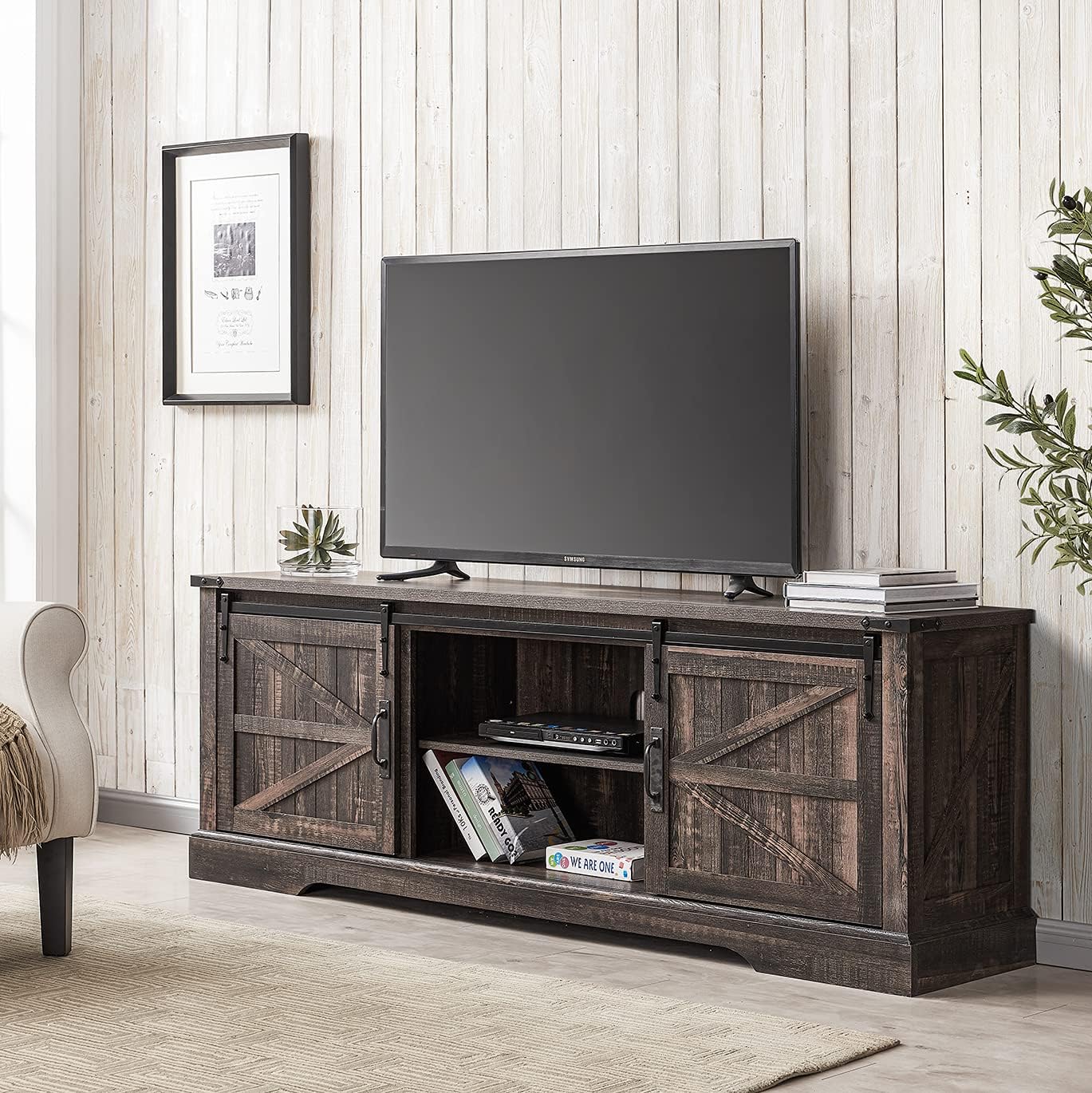 Buy OKD Farmhouse TV Stand for 75 Inch TV with Sliding Barn Door, Rustic Wood Entertainment