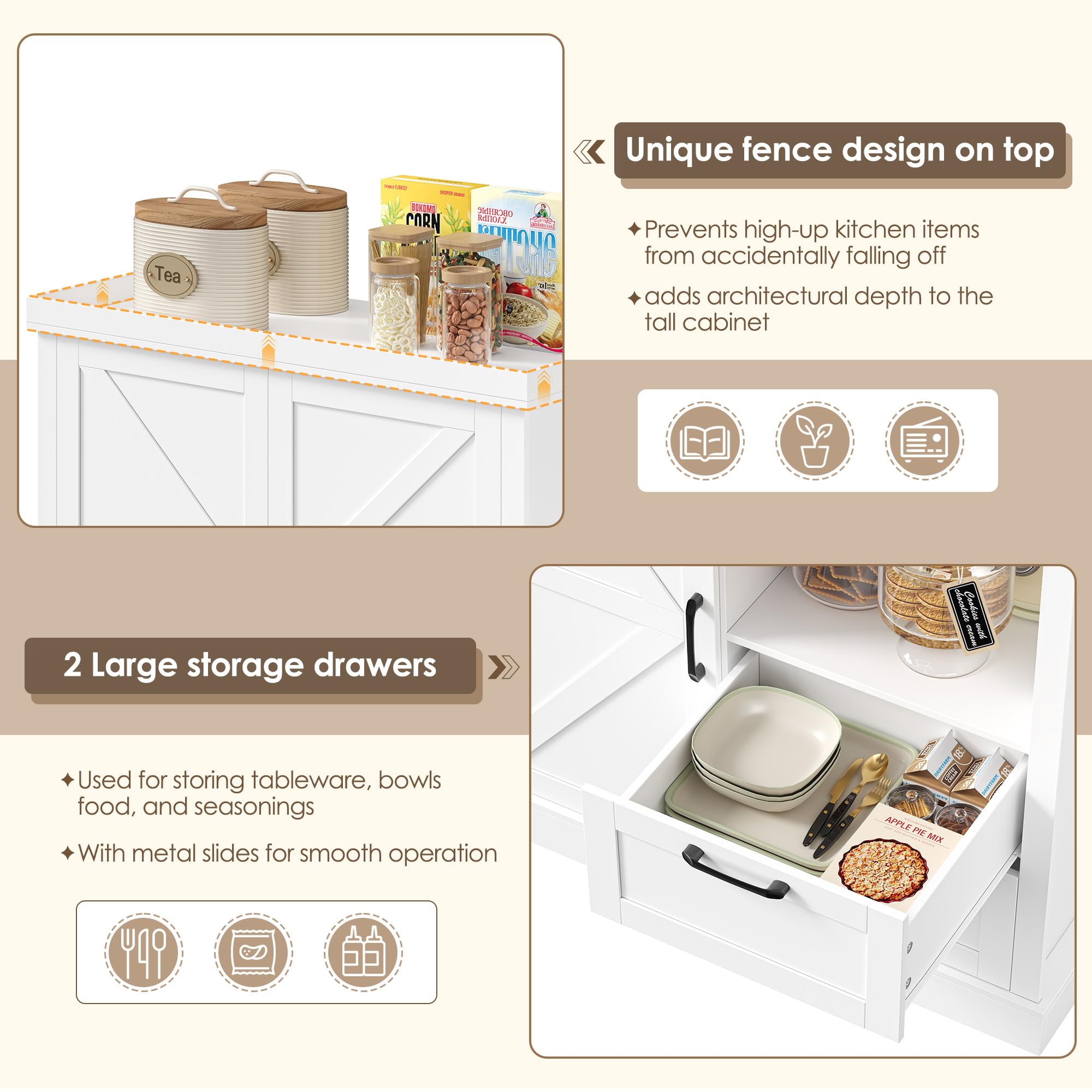 Elegante armadietto da cucina a buffet, 193 cm, versatile, con 7 scomparti, 3 ante e 2 cassetti, per cucina, sala da pranzo, camera da letto e soggiorno