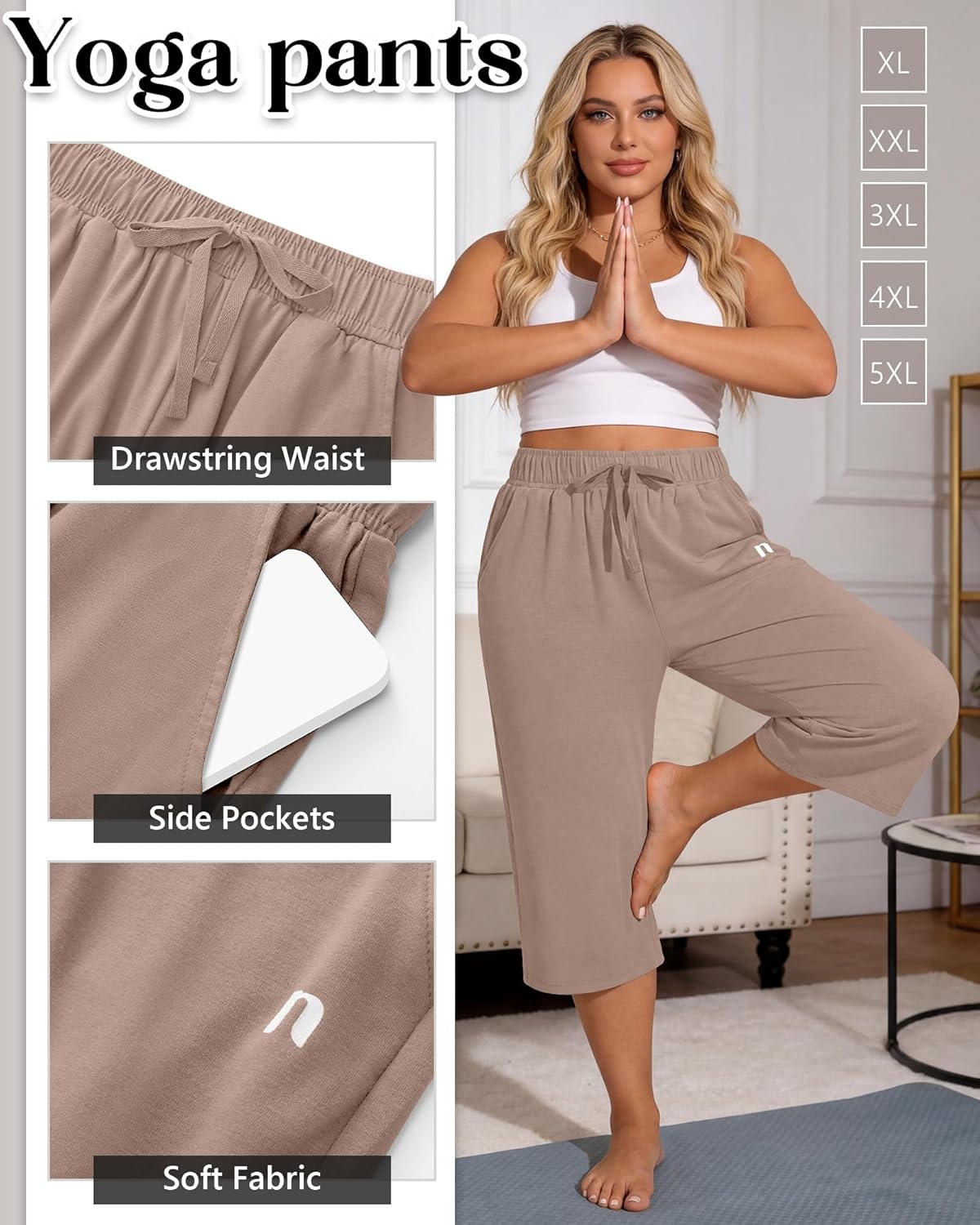 Neer 3 Pack Women's Plus Size Capris,Wide Leg Loose Pants Casual Drawstring Capri Sweatpants Drawstring Pants with Pockets - Image 5