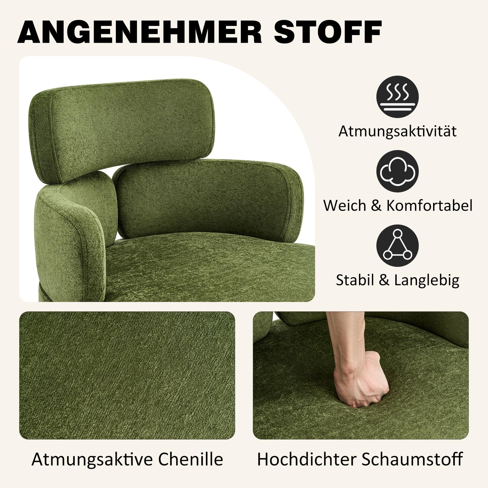 Hellove Schneidersitz Bürostuhl, Grün Höhenverstellbarer Drehstuhl Schminktisch für Homeoffice, ergonomischer Schreibtischstuhl mit festen Armlehnen und Rollen, gepolsterter Polsterstuhl 56 cm