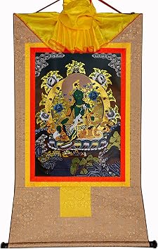 buddha tapestry, Tibetan thangka,thangka painting,buddhist tapestry,Green Tara,Khadiravani,Jetsun Dolma, Tibetan Thangka Painting Art,Buddhist Thangka Brocade,Buddha Tapestry with Scroll,Black Type