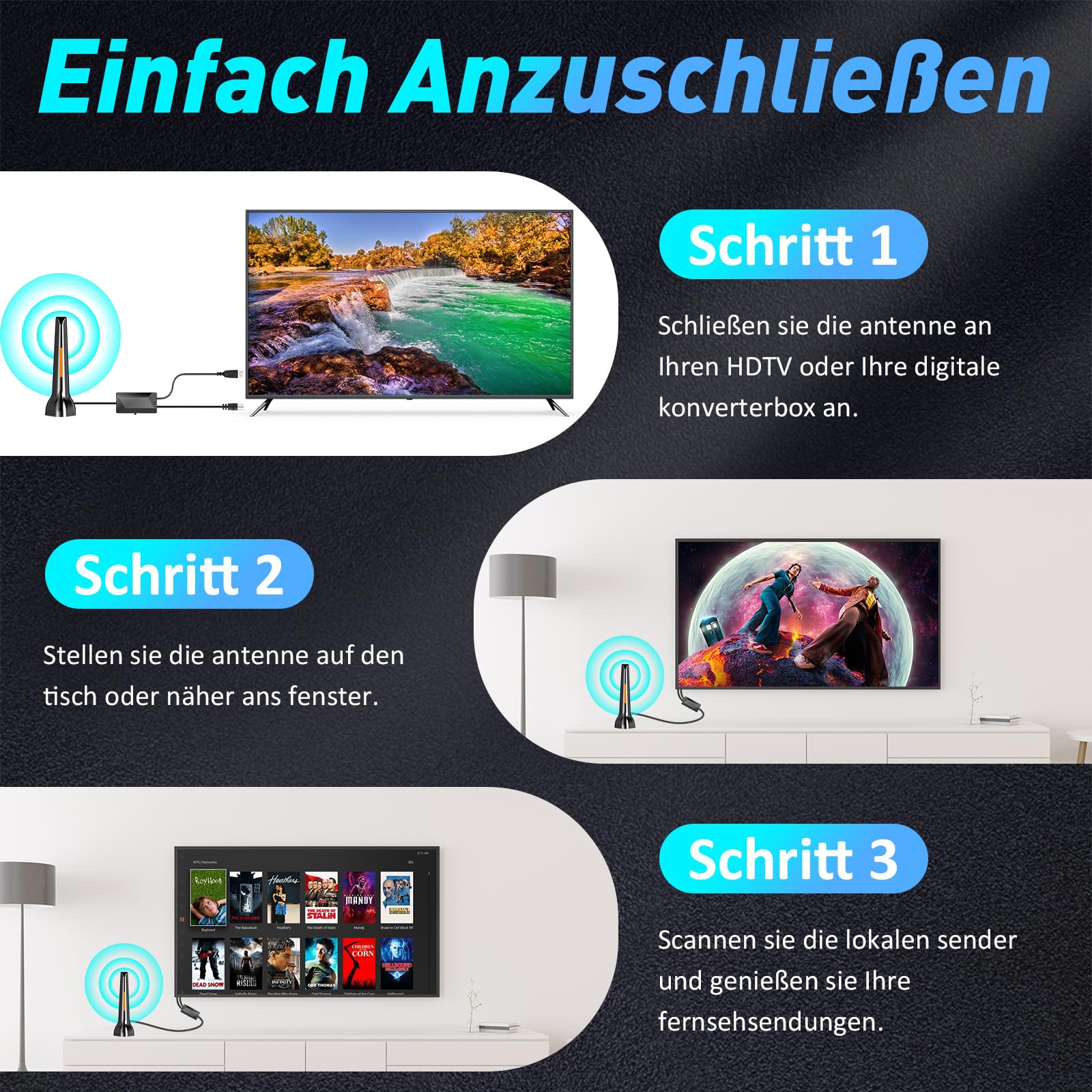 DVBT2 Antenne, zimmerantenne DVB-T & DVB-T2 Antennen mit Verstärker, Großer Reichweite und 360° Empfang, Zimmerantenne für Fernseher mit Starkem Magnetfuß, Geeignet für 4K 1080p - 3M Kabel