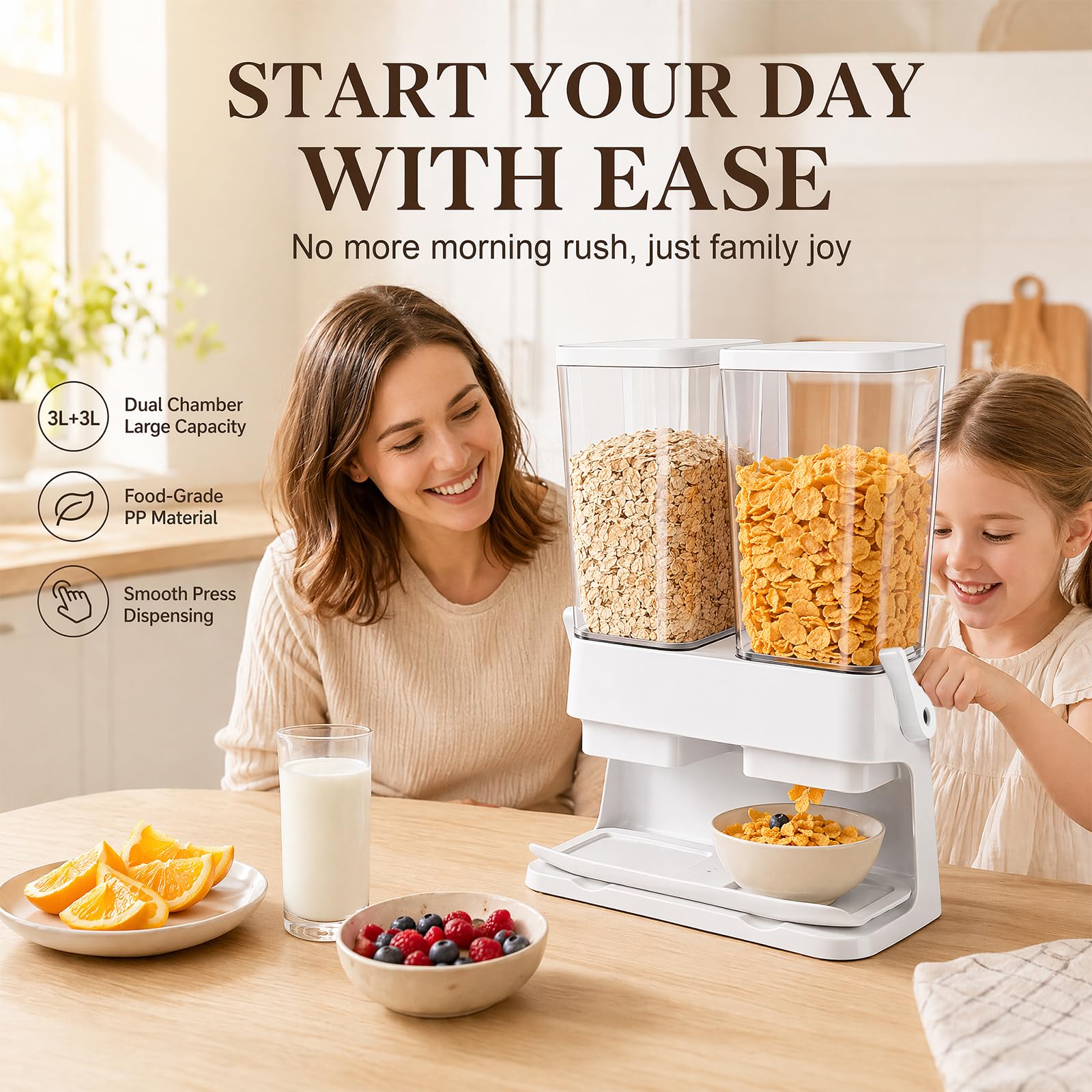 Set di 2 dispenser di cereali, doppio contenitore ermetico da 3 l per cereali, contenitore trasparente per noci, chicchi di caffè e alimenti secchi, contenitore da cucina con grande capacità (bianco)