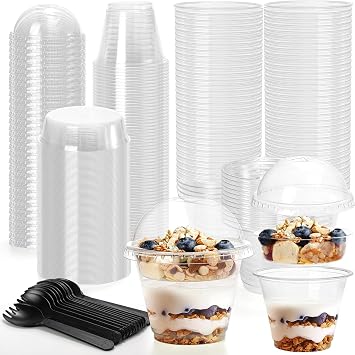 100 Pack 8.8oz Dessert Cups with Dome Lids, Clear PET, with Sporks, for Parfait, Yogurt, Ice Cream, Fruit,Pudding,Snacks,Cupcake,Dessert