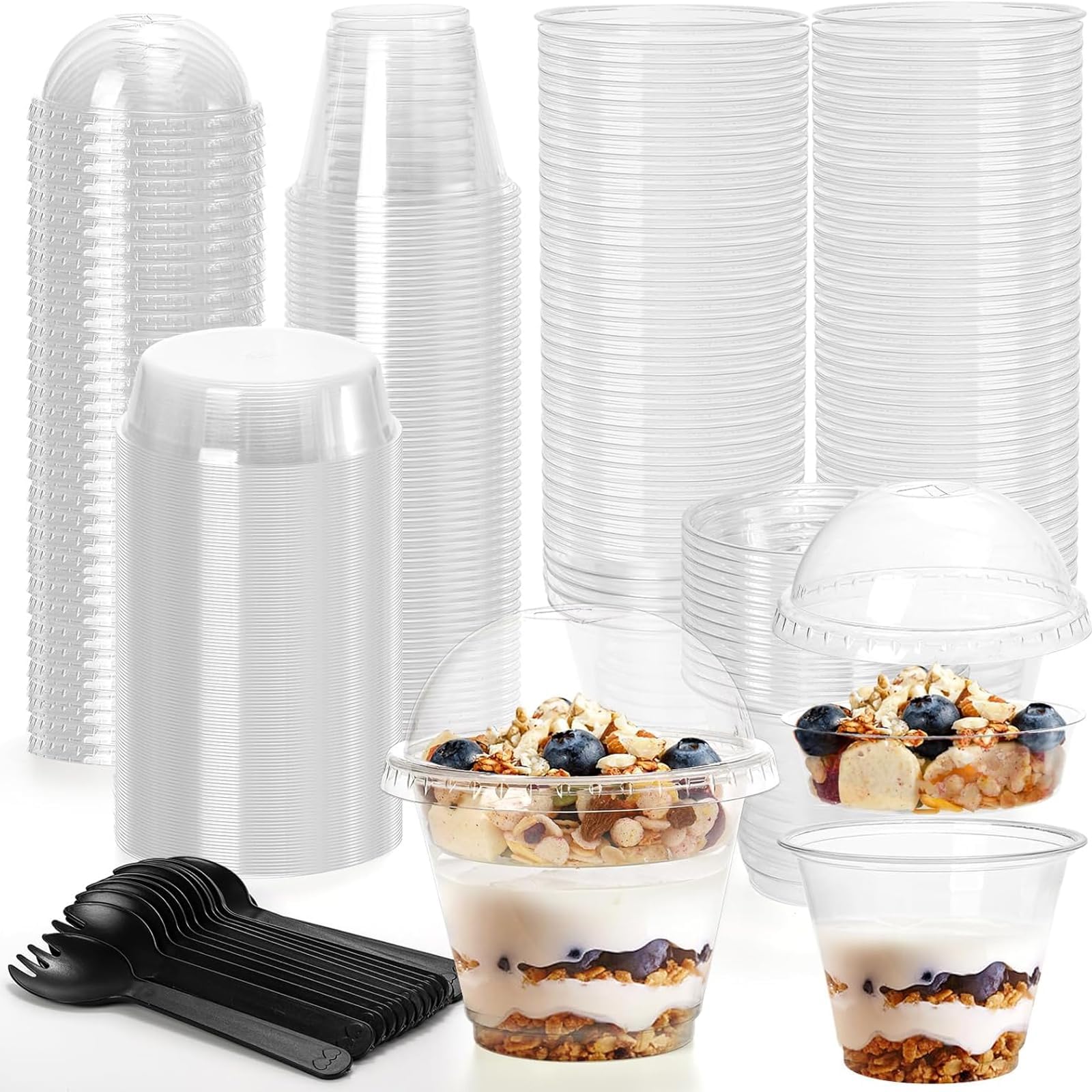 Mkzruulf Dessert Cups with Dome Lids, 100 Pcs 250ml/8.8oz Clear Yogurt Parfait Cups with Hemispherical cover and Sporks,for Dessert,Iced Cold Drinks,