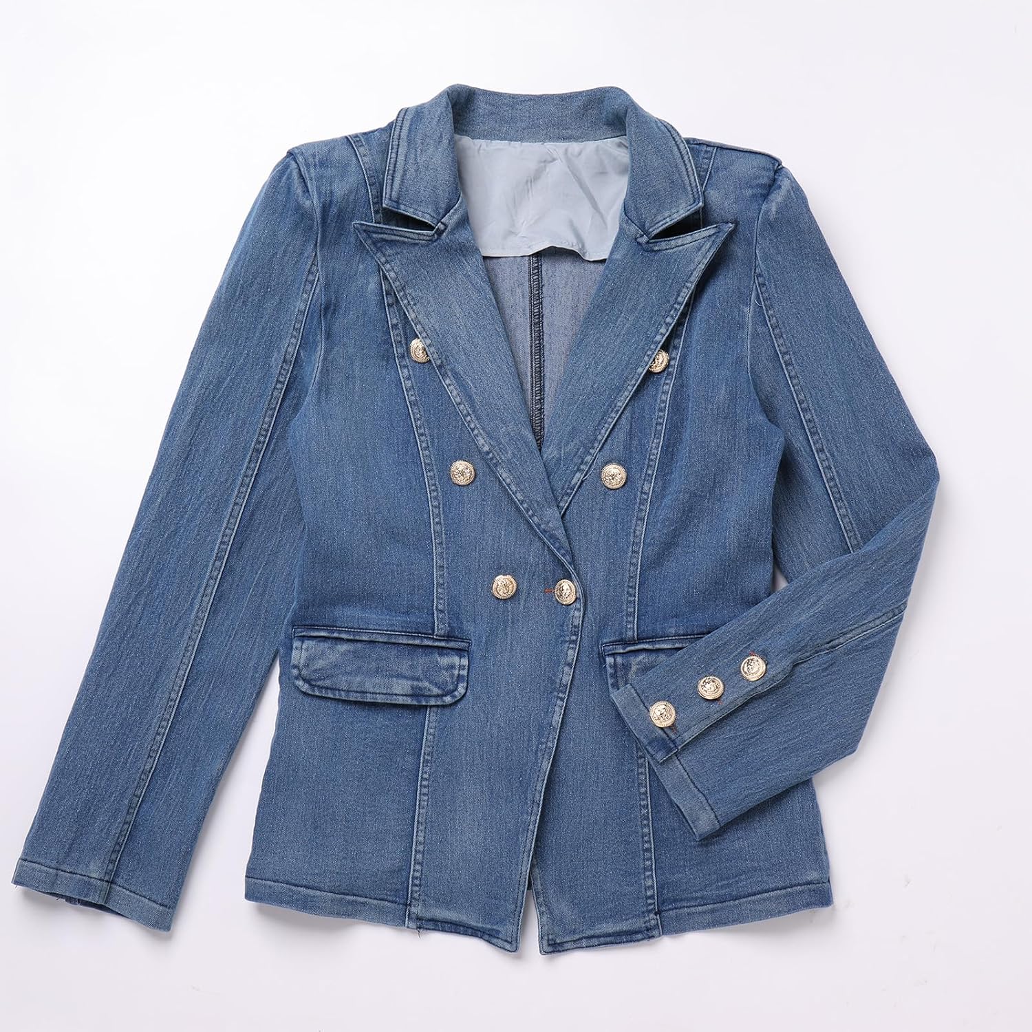 Denim Blazer Suit for Women Notch Collar One Button Office Lady Business Work Outfits Lapel Fall Winter Jean Jacket - Image 4