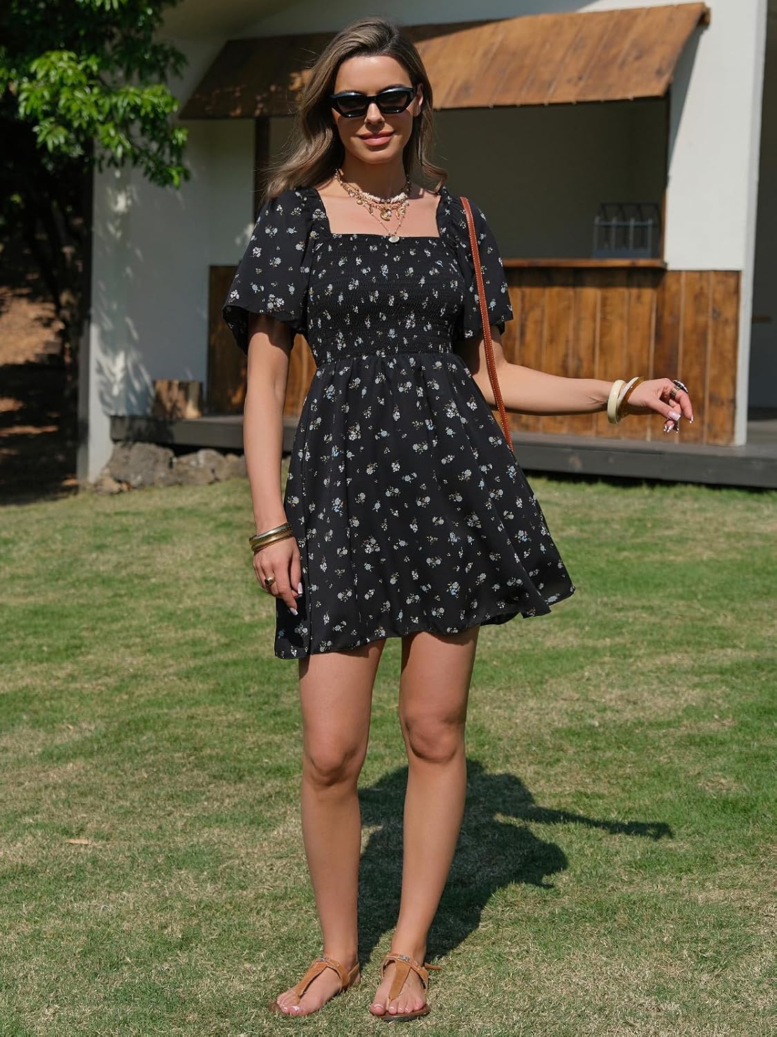 EXLURA Women's 2026 Summer Casual Square Neck Dresses Ruffle Short Sleeve Swiss Dot Flowy Mini Dress - Image 6