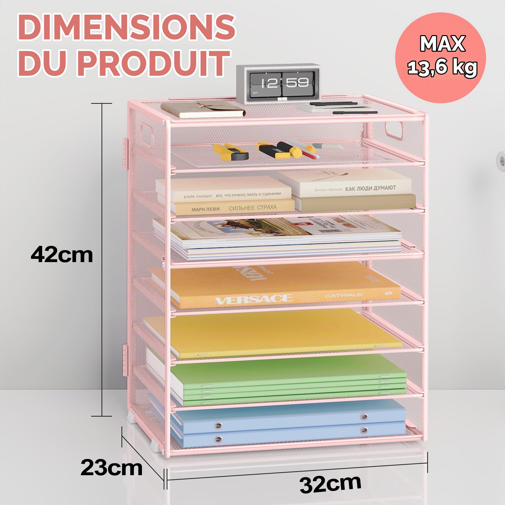 Marbrasse Organisateur de Bureau,8 Niveaux Papiers Rangement Courriers,Porte Documents A4 Empilable,Maille Métallique pour Classe,Maison,Bureau(Rose)