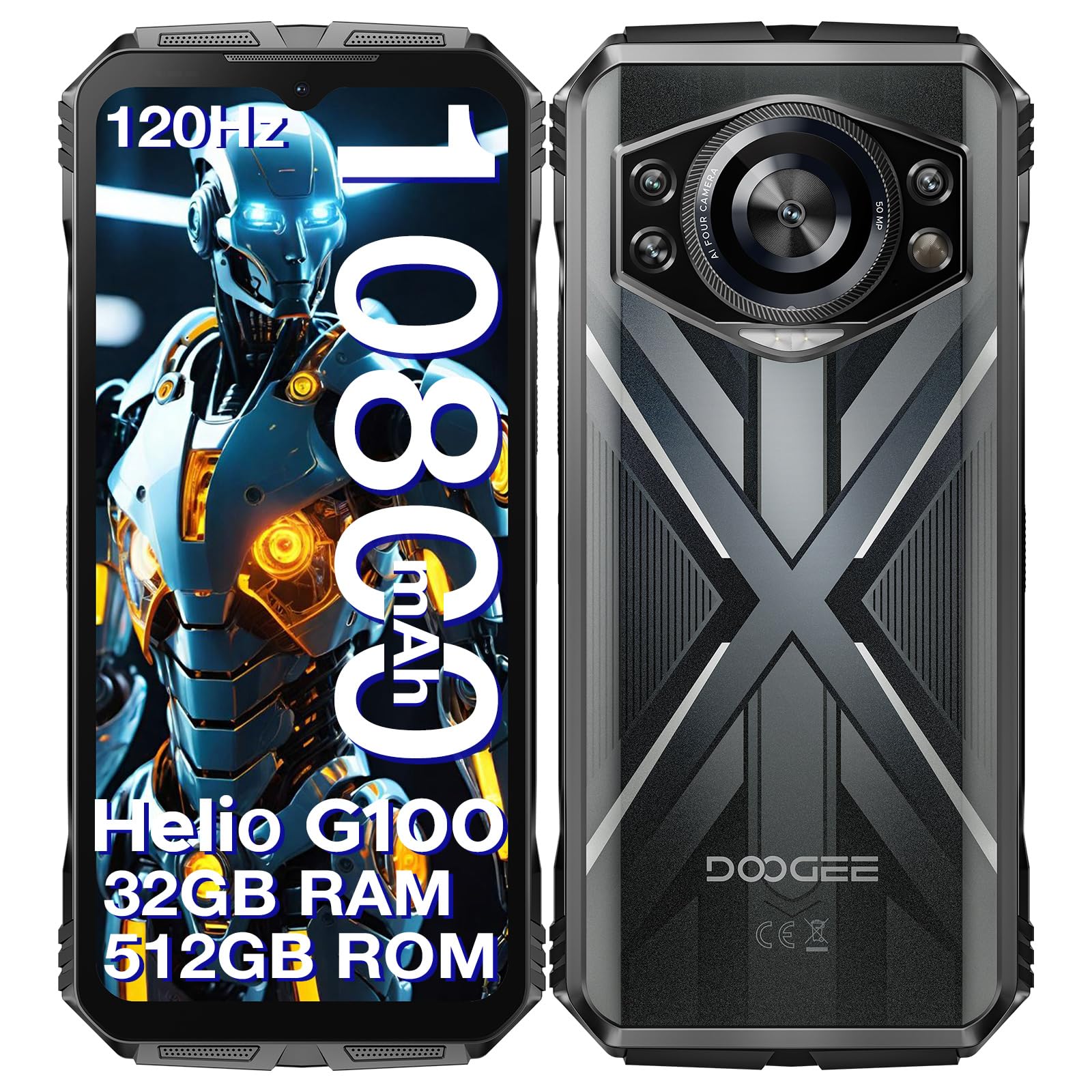 DOOGEECyber Pro Rugged Smartphone Unlocked, 32GB+512GB Rugged Phone Android 14, 10800mAh Battery, 6.6" FHD+120Hz Waterproof Phone, 50MP+32MP, IP68/IP69K/Dual SIM/NFC/OTG/Face ID,Silver