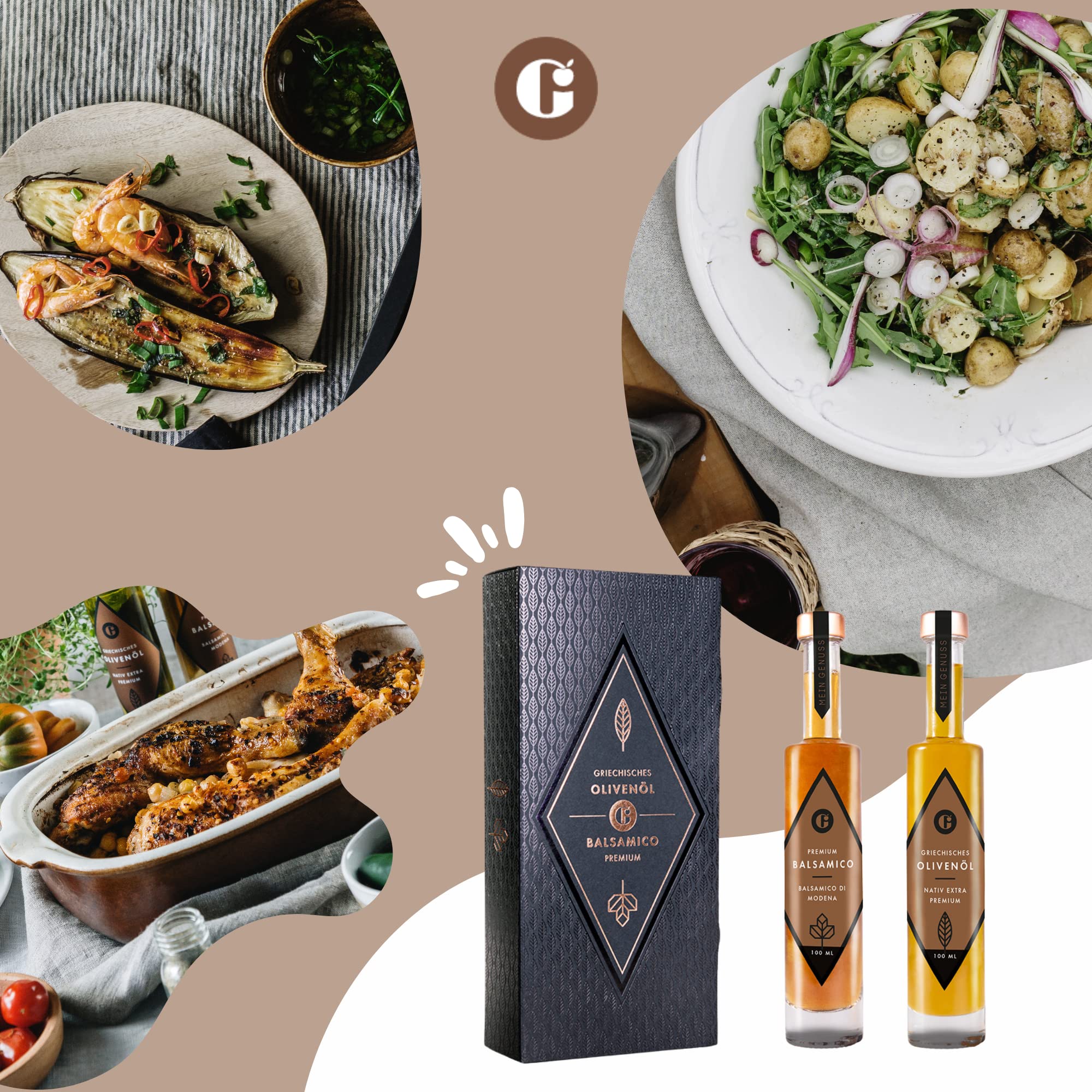 MEIN GENUSS Olivenöl & Balsamico Essig Geschenkset – Griechisches Olivenöl nativ extra – Weißer Balsamico Erste Güteklasse - Feinkost Geschenkbox – 2x 100 ml - Premium Geschenkverpackung