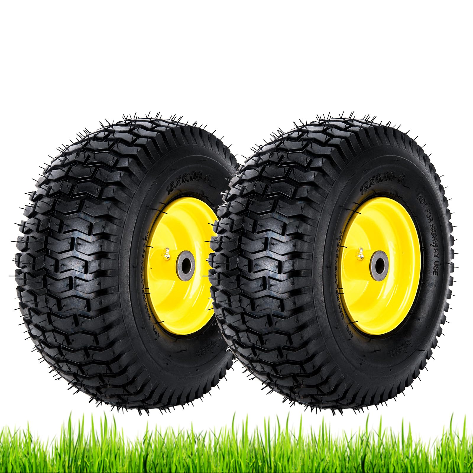 Neumáticos para cortacésped de 15 x 6.00-6 nhs, paquete de 2 neumáticos delanteros sin cámara de 4 capas de 15 x 6-6 con montaje de rueda para cortacésped John Deere, cubo de desplazamiento de 3
