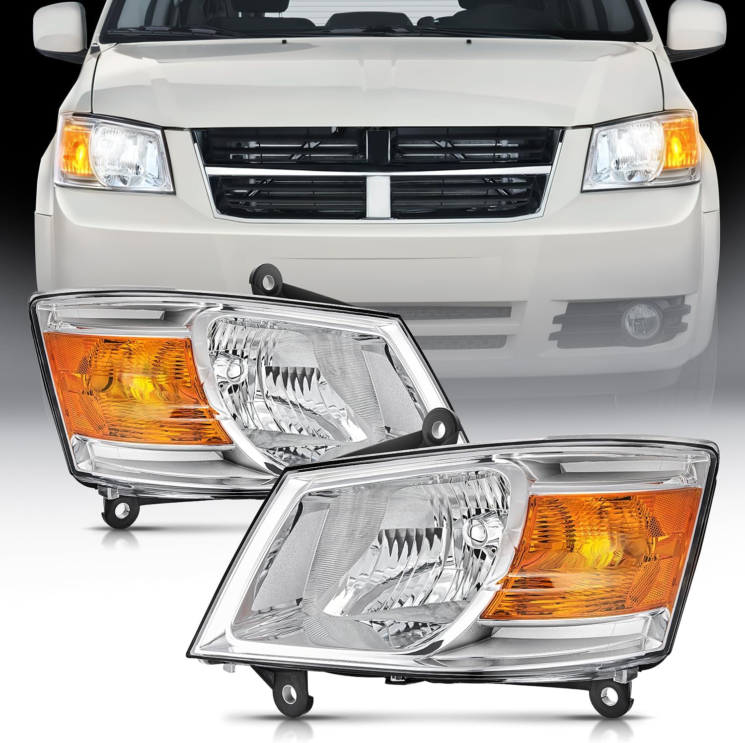 Nilight Conjunto de faros delanteros para Dodge Grand Caravan 2008, 2009, 2010, repuesto para faros delanteros cromados, reflector ámbar, lado del