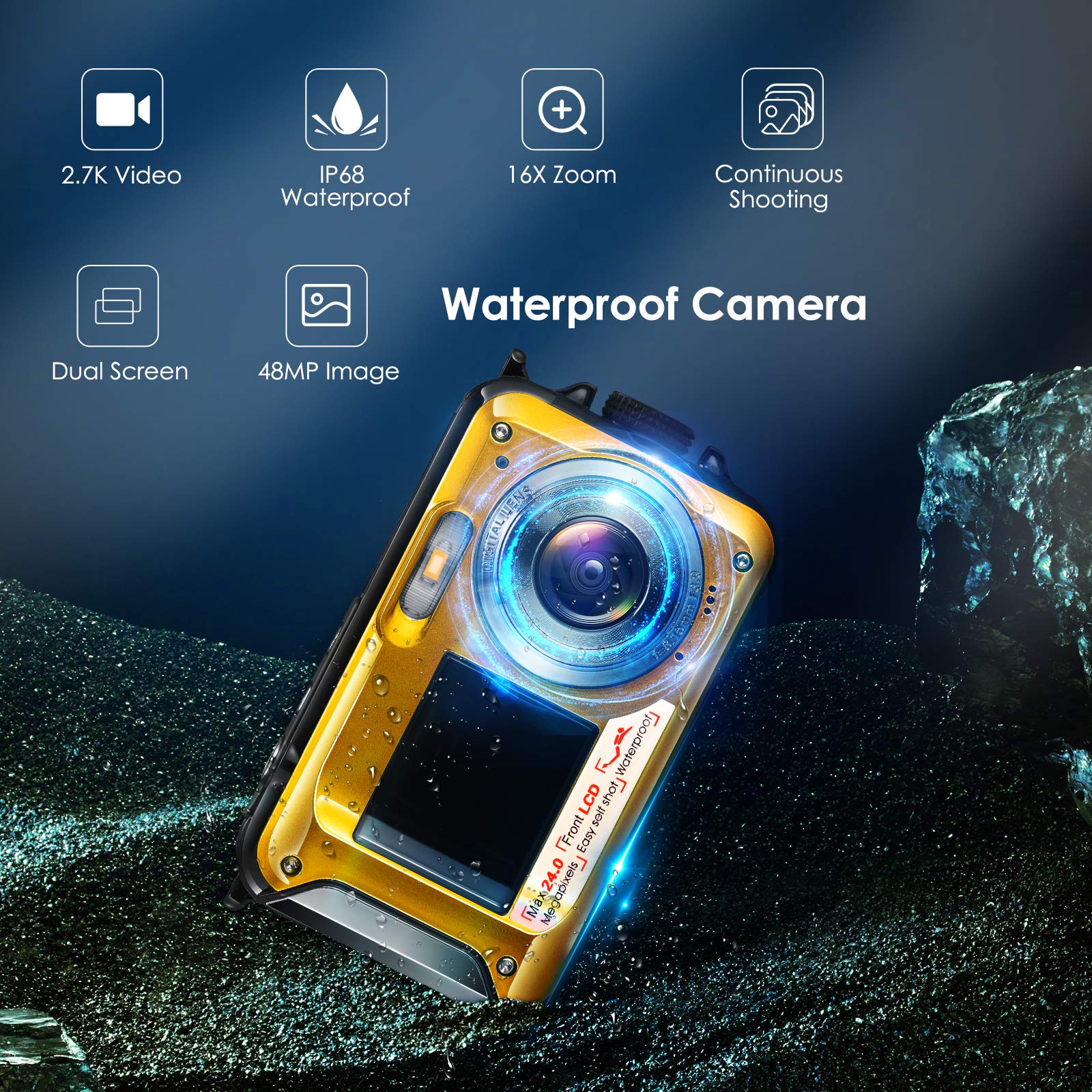 Aomdom Macchina Fotografica Subacquea, Full HD 2.7K 24MP Fotocamera Subacquea Digitale Zoom Digitale 16X Macchina Fotografica Subacquea Bambini Doppio Schermo giallo