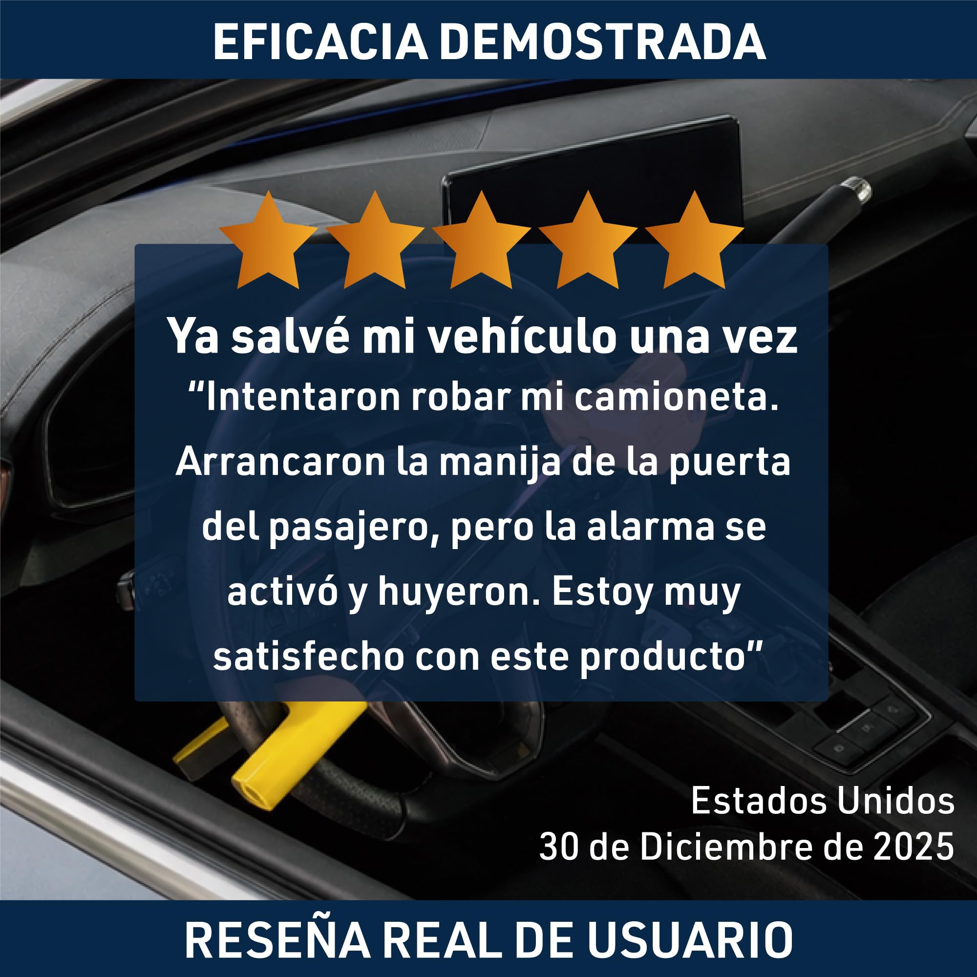 URBAN UR978Y Antirrobo Coche Doble Seguridad, Barra Volante Sin/Con Alarma Hi-Tech 120dB+LED Más Seguro y Visible, Bloqueo Automático, Patentado, Cepo Coche Universal Auto SUV Camper Autocaravana