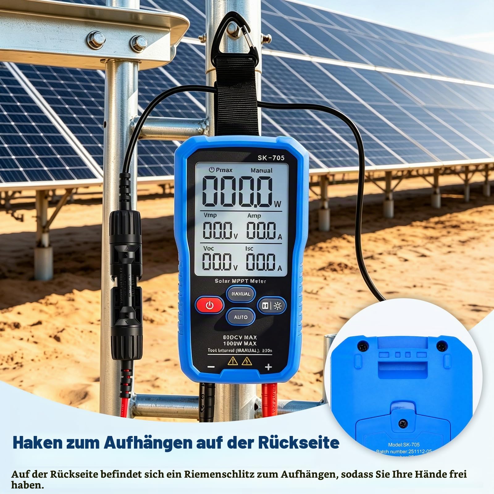 Solarpanel MPPT Tester, 1000W Photovoltaik Panel Multimeter mit LCD Display, Solarmodul-Leistungstester für Auto/Manuell Messung, Voc Isc Vmp Pmax Prüfung, Tragbarer Solarmessgerät