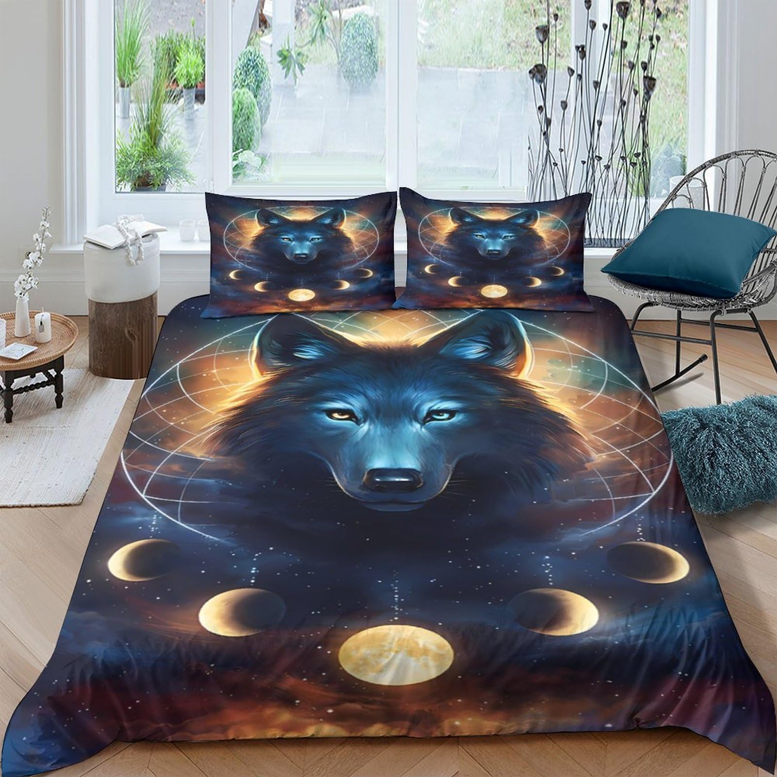 Ctjqhvkz Style-2 3D Printed Wolf Moon Fitted Sheet Microfiber Soft Black Blue Night Sky Bed Cover For Bedroom Dorm Mattress Protector Single（135X200cm）