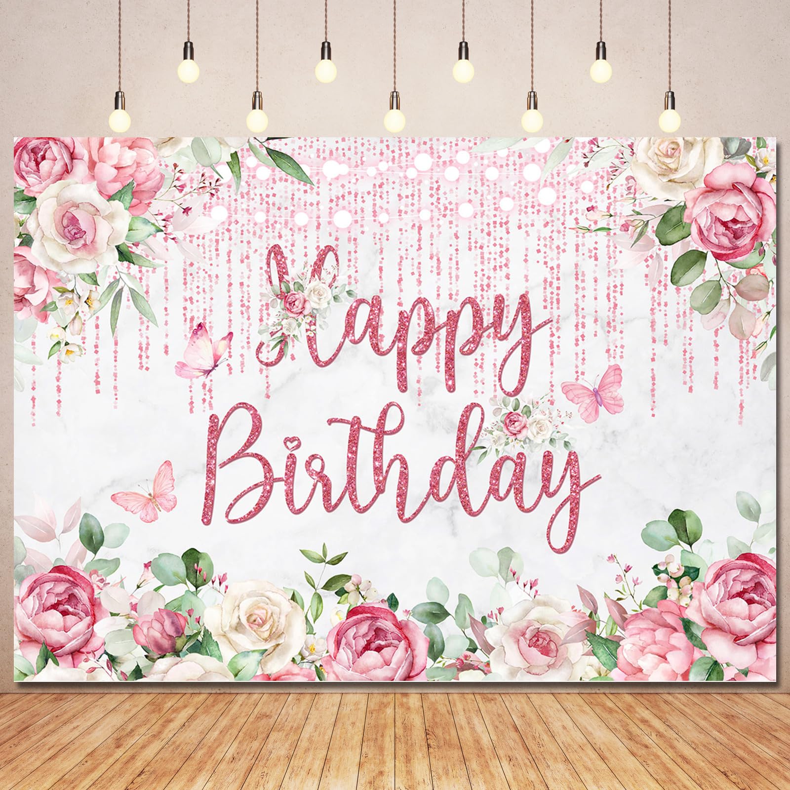 Ayayiya Rose Gold Floral Birthday Backdrop Decorations for Women,Glitters Blush Pink Flower Happy Birthday Backdrops Banner Photography Background for