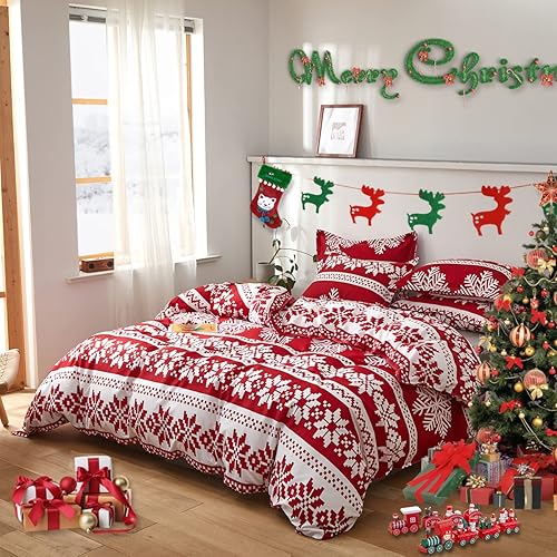 Miniatura 2 de Joyreap Juego de funda de edredón de 3 piezas, diseño de copo de nieve rojo y blanco, microfibra suave y transpirable para todas las estaciones, 1