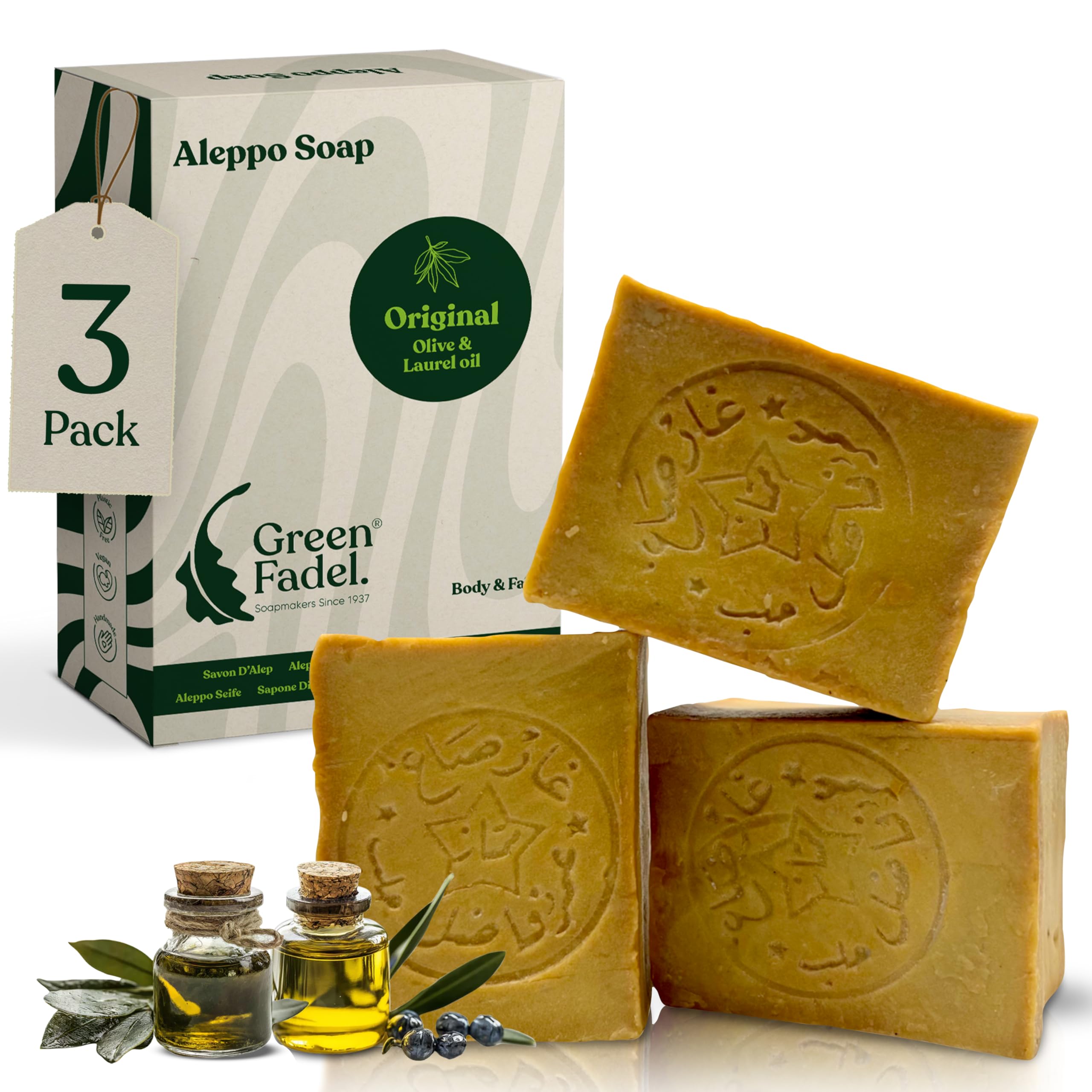 GREEN FADEL Sapone di Aleppo Originale, all'Olio d'Oliva e Olio di Alloro, 3 x ca. 200g, Sapone all'Olio d'Oliva, Naturale, Fatto a Mano