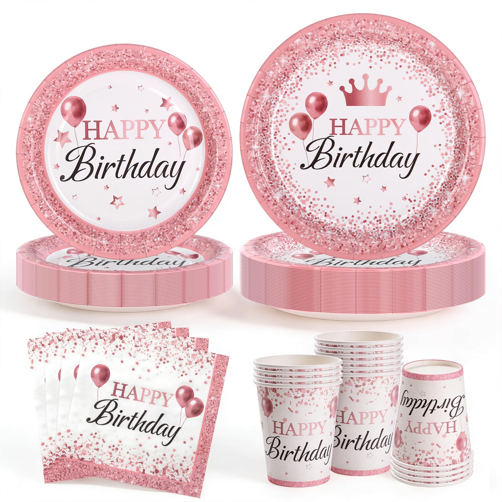 Rose Gold Birthday Party Plates Napkins Sets Pink Birthday Party Supplies Tableware Set for Pink Girls Birthdays Decorations Disposable Paper Plates Napkins Cups Set Princess Dinnerware Sets, Serve 24