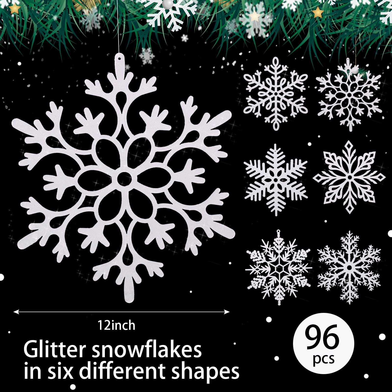 Sratte Lot de 96 grands flocons de neige géants à paillettes en plastique à suspendre pour intérieur et extérieur (30,5 cm, blanc)