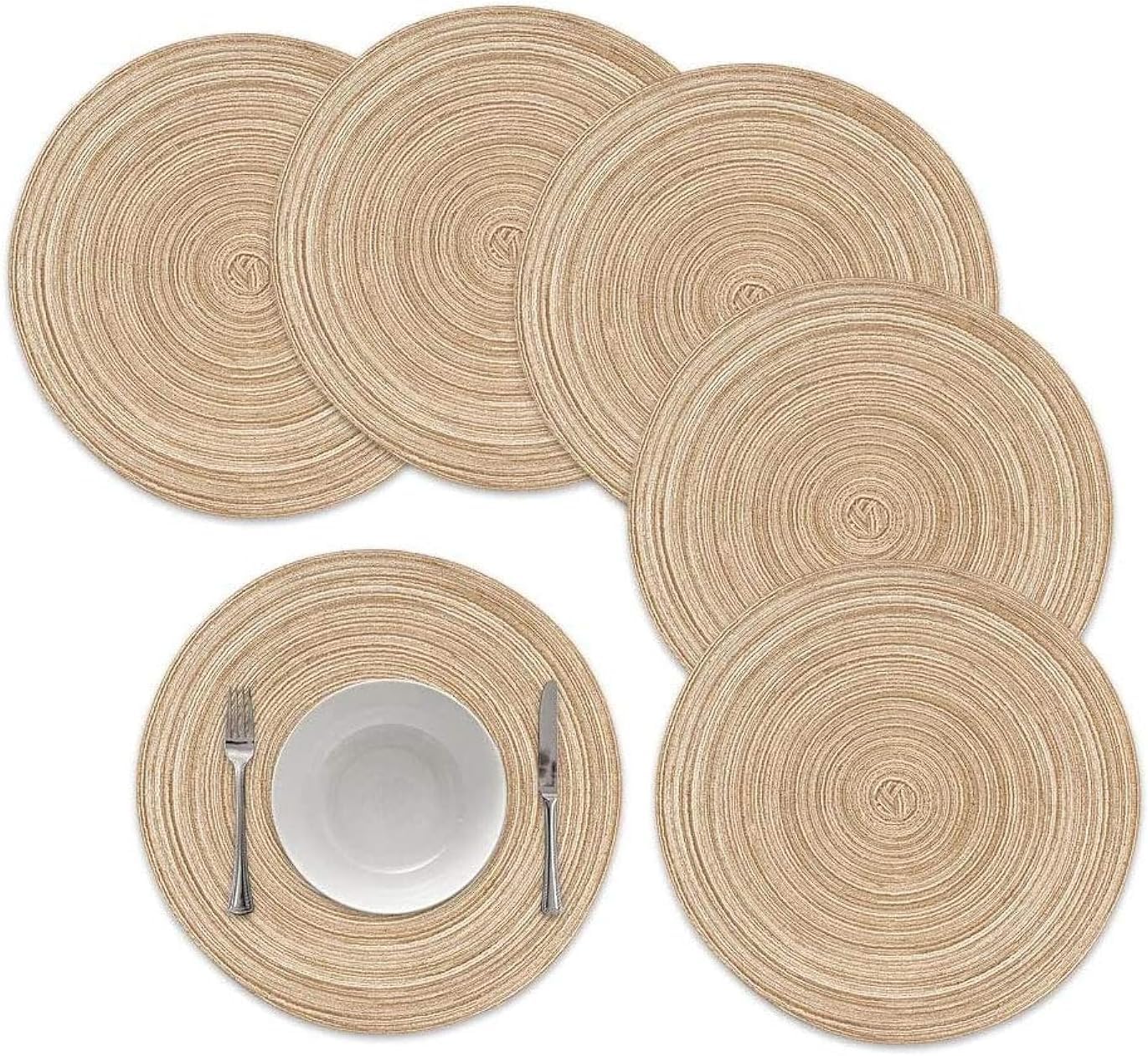 LOVE LOVE BELOVED Round Braided Placemats, Set of 5 Round Table Mats for Kitchen Dining Tables, Woven 15 Inch Heat Resistant Place mats, Light Brown