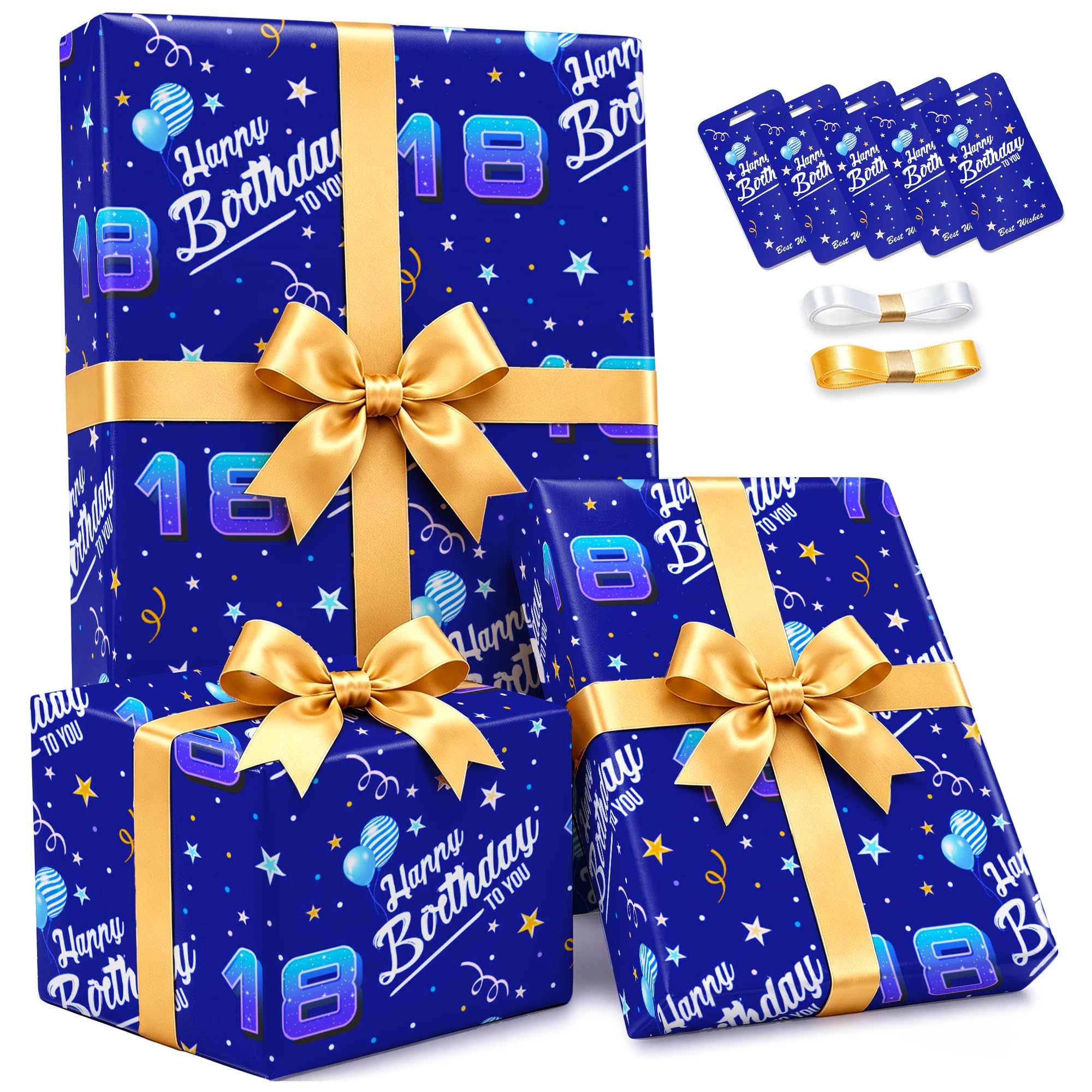 18th Birthday Wrapping Paper Boy for Son Grandson Brother Age18 Gift Wrapping Paper Birthday Gift Wrap Set Navy Blue Present Wrap for Turning 18 Young Man Happy Birthday Paper Wrapping for Him Male
