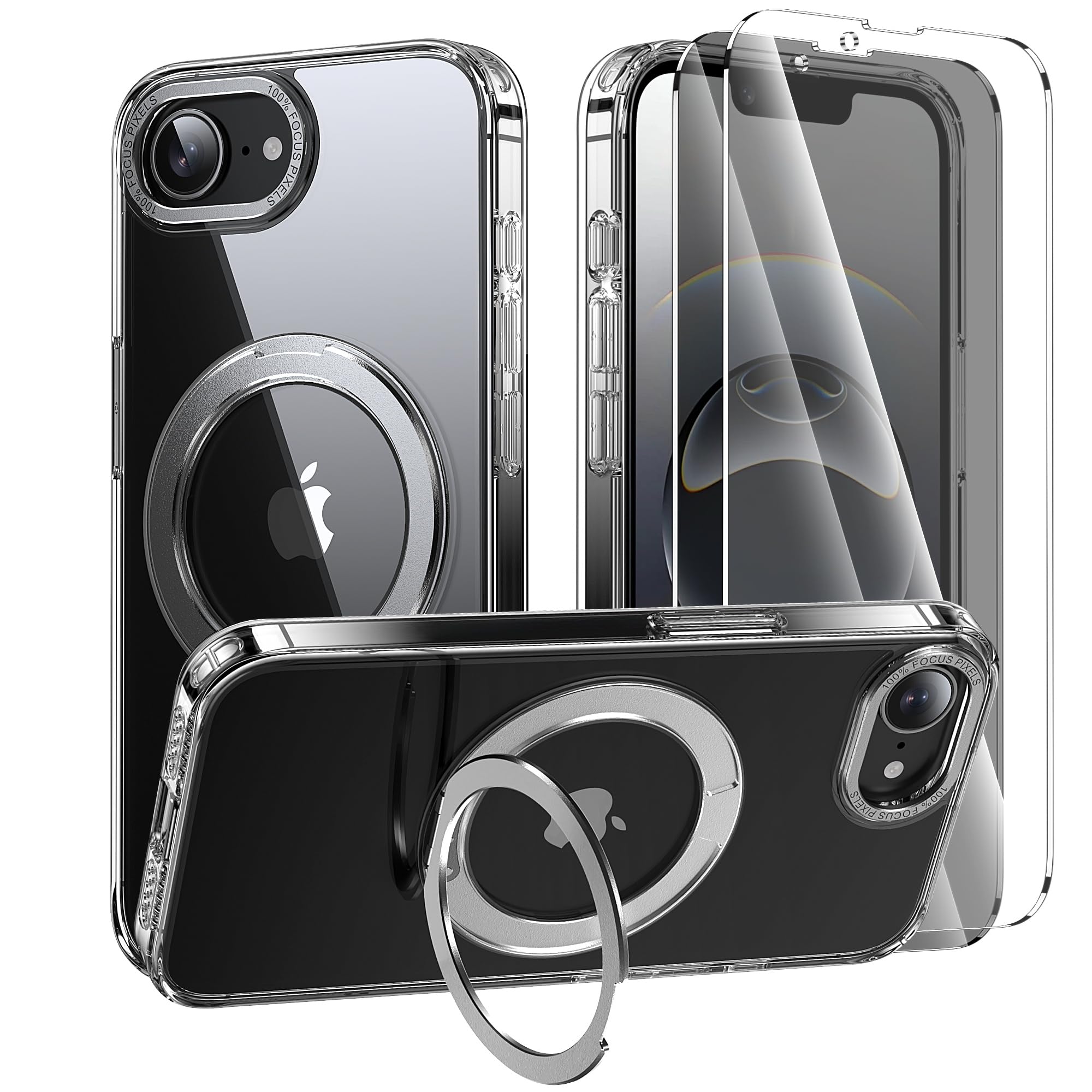 toushion 3 in 1 for iPhone 16E/17E Case Clear with Ring Holder,Screen Protector*2, Build in Kickstand,Military-Grade Protection for iPhone 16e&17e