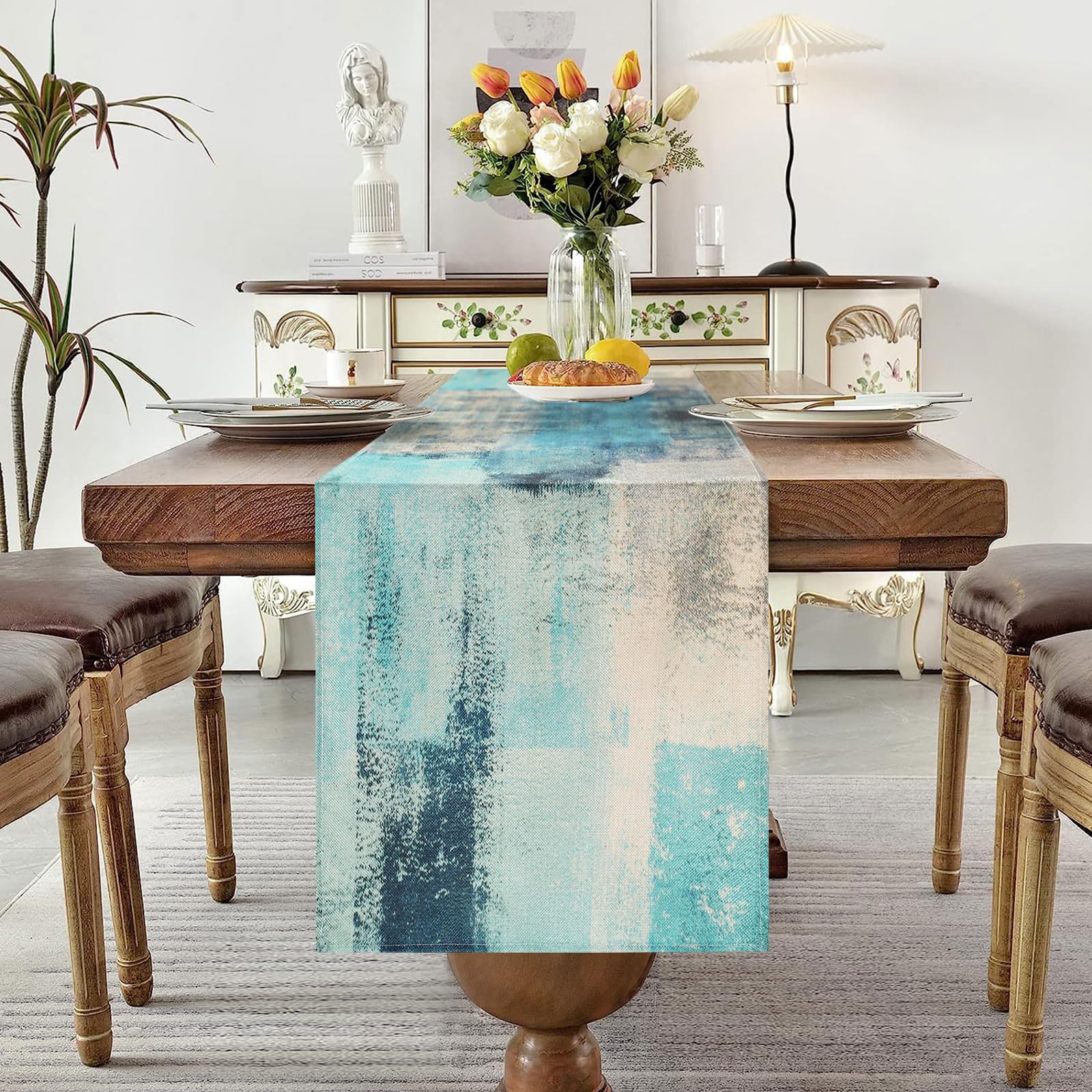 Runner Tavolo In Lino Verde Acqua E Grigio | 40x140 Cm | Lavabile | Per Feste E Casa - Foto 6